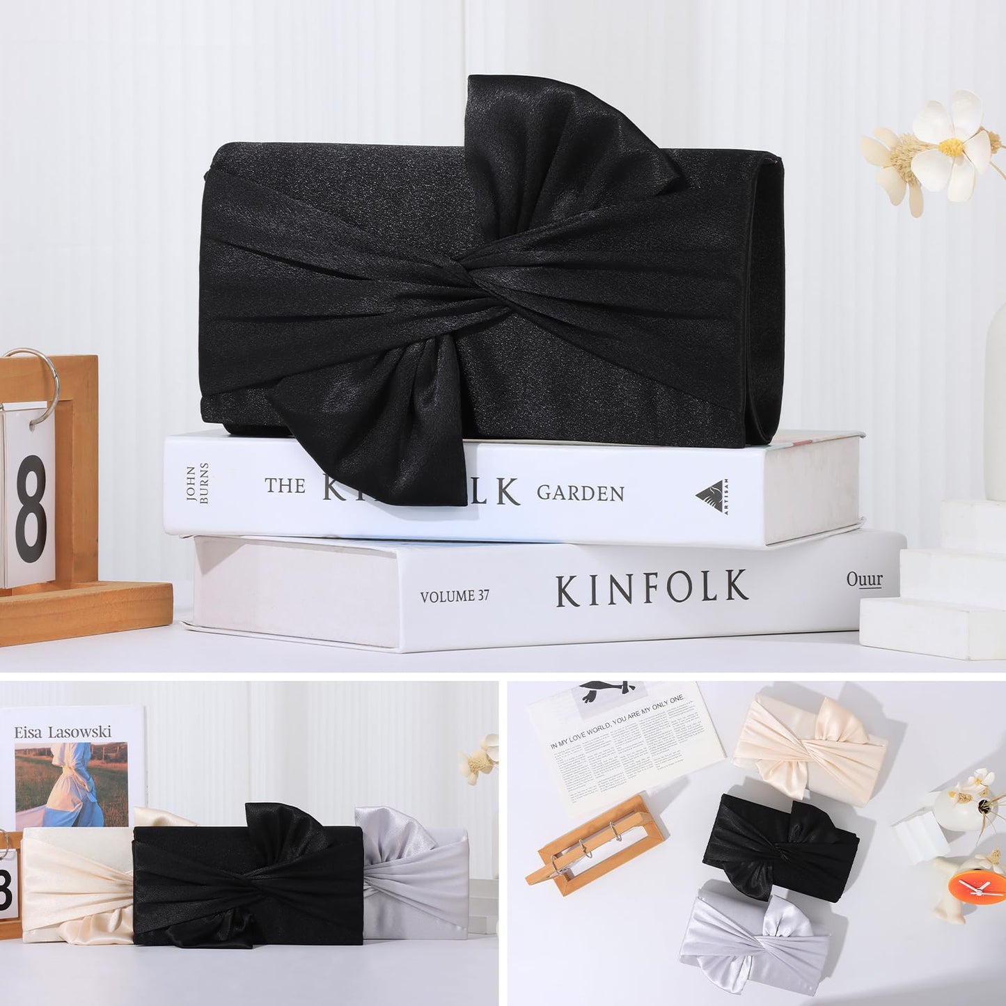 Fecialy Satin Clutch Purses for Women Bow Flap Evening Bag Formal Elegant Handbags for Bridal Wedding Party