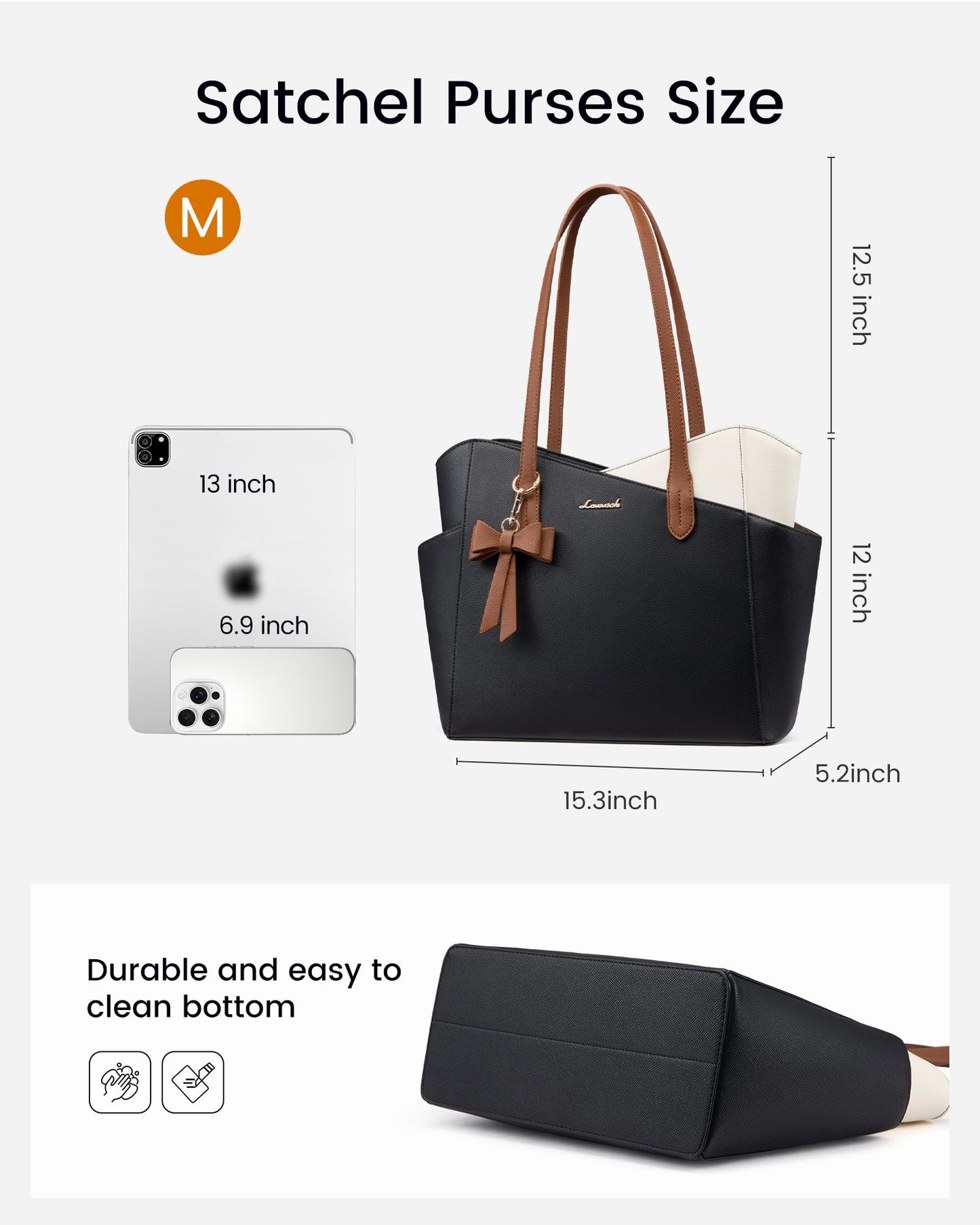 LOVEVOOK Small Tote Purse for Women, 2026 Structured PU Leather Handbags with Top Handle, Elegant Satchel Shoulder Bag Black-White-Brown