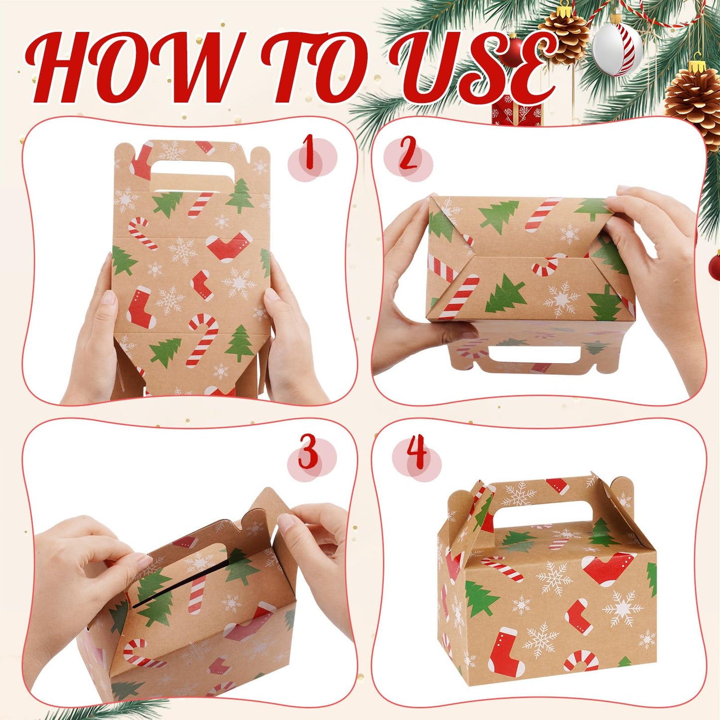Fuyoooo 36 Pcs Christmas Gift Treat Boxes Xmas Kraft Boxes Holiday Cookies Goodie Candy Box with Handles Red Green Paper Container for Xmas Birthday Party Supplies