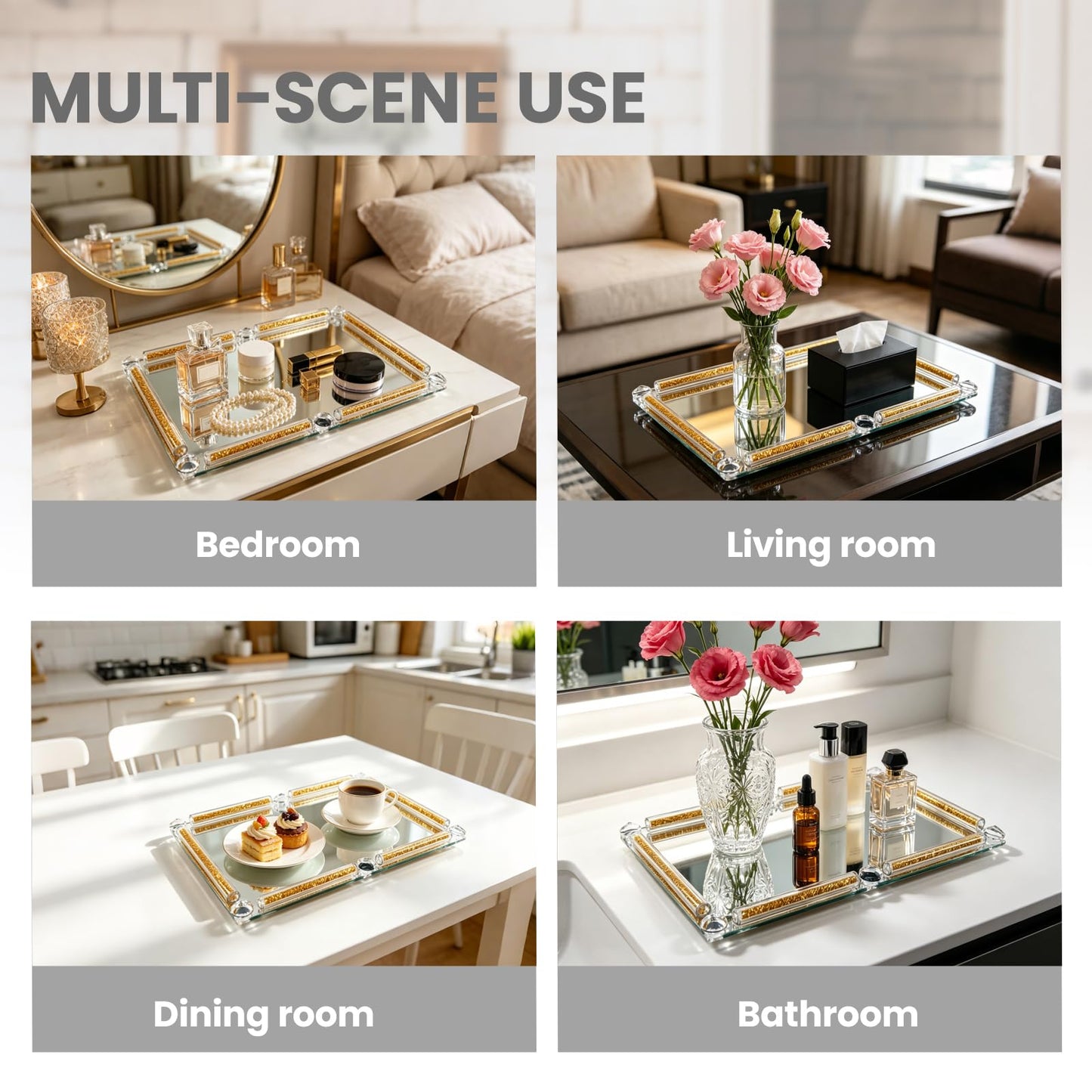 Gold Glass Tray, 11.8" x 7.9" Decorative Crystal Glass Cosmetic Perfume Display Tray for Gorgeous Dresser Countertop,Noble Jewelry Organizer with Diamond for Home Decor,Banquet Party