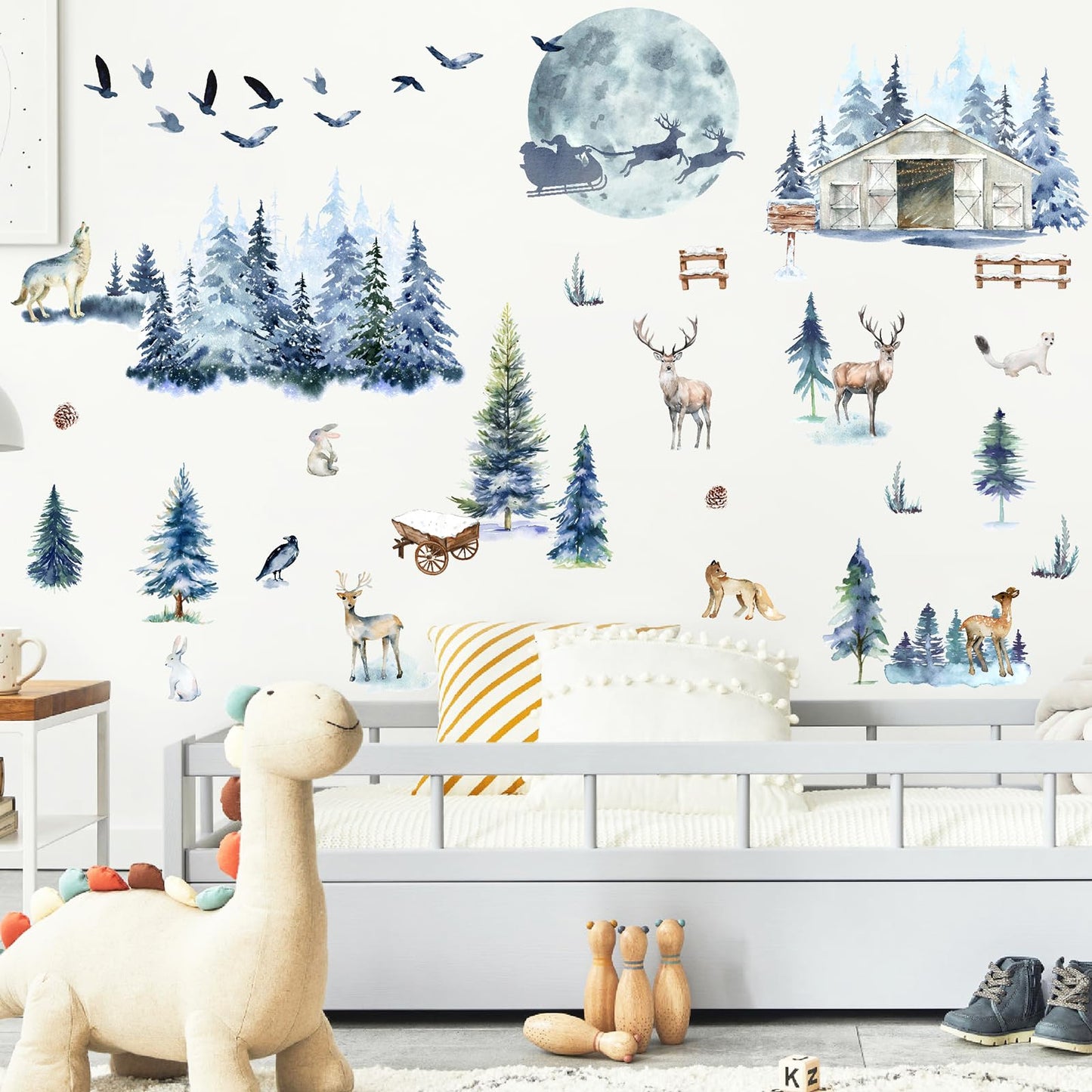 Winter Tree Wall Stickers Forest Animal Wall Decals Removable Woodland Tree Animal Wall Stickers Christmas Winter Pine Wall Decal Xmas Elk Santa Claus Christmas Moon Window Wall Decal