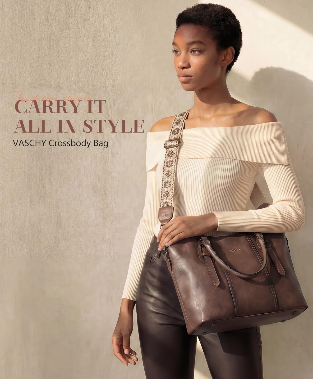 VASCHY Hobo Bags for Women, Vegan Leather Top Handle Satchel Shoulder Purse Handbag Purse with Crossbody Guitar Strap Coffee