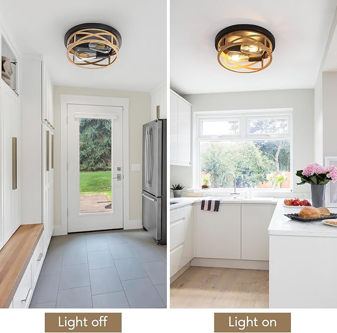 2 Pack Close to Ceiling Light Fixtures, 2-Light Indoor House Flush Mount Ceiling Light, 11 Inch Metal Cage Cross Wood Finish Farmhouse Ceiling Lights for Kitchen Hallway Bedroom