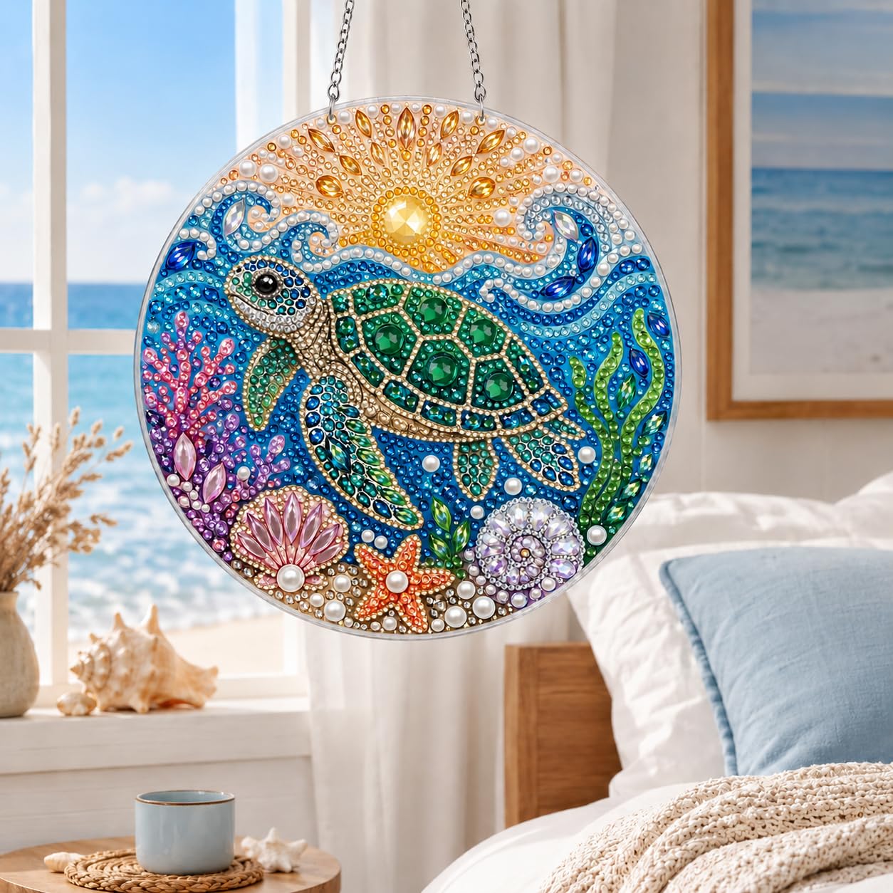 DIY Diamond Art Painting Wreath Kits,Special Shaped Rhinestone Hanging Ornament Diamond Art Window Pendants for Gift Home Garden Wall Hanging Kits,Double Sided (sea Turtle)