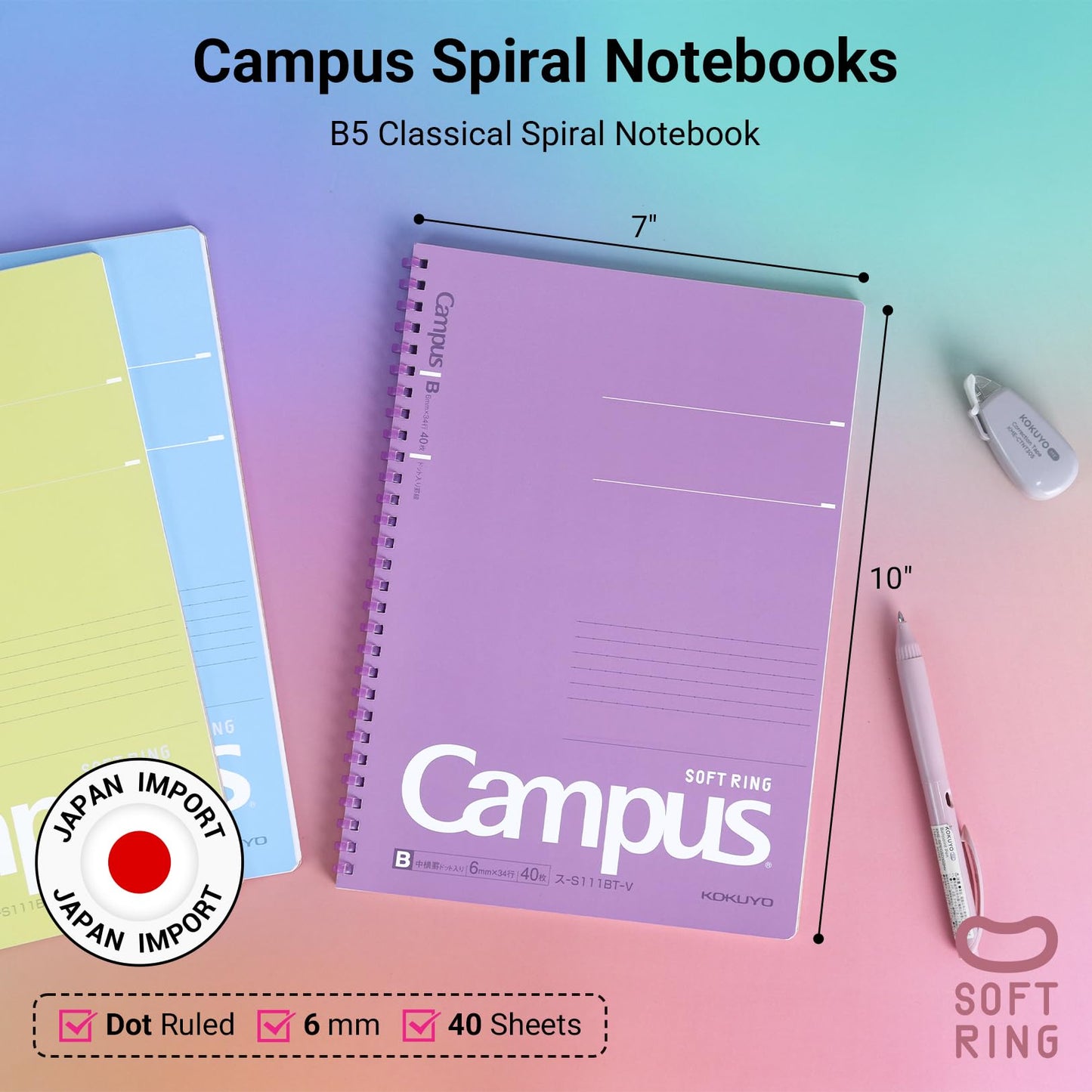 KOKUYO Spiral Lined Notebook, 5 Pack 10'' x 7'' Pastel Journal B5 Campus Soft Ring Notebooks with Dot 7 mm Ruled, 40 Sheets, 1 Subject Notebook, Note Taking for School. Japan Import (SU-S111AT)
