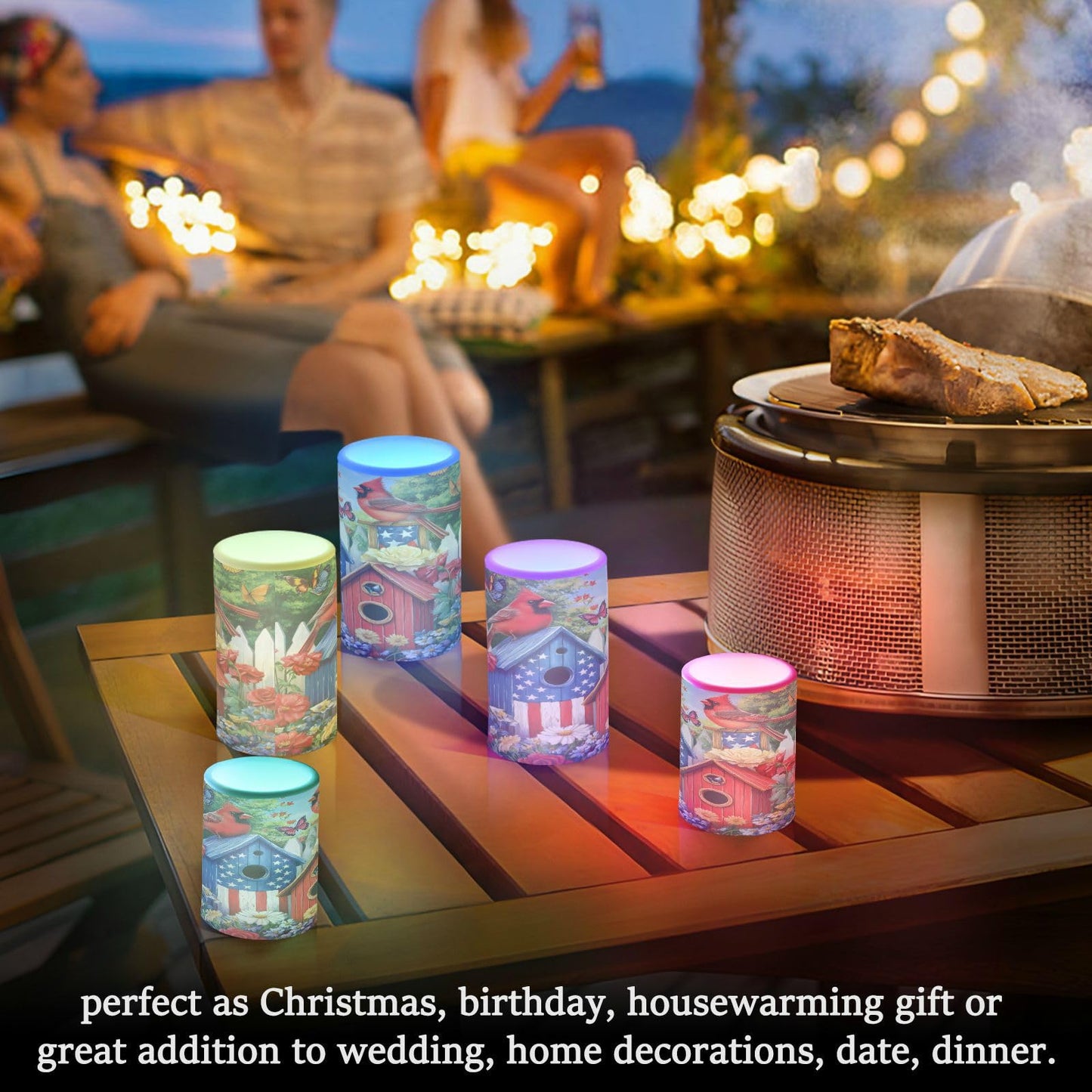 ALAZA Patriotic Birdhouse Birds American Flag Flickering Flameless Candles Battery Operated with Remote Timer,Tea Light Candles LED Pillar Votive Candles Set of 2 for Outdoor Indoor Decorations