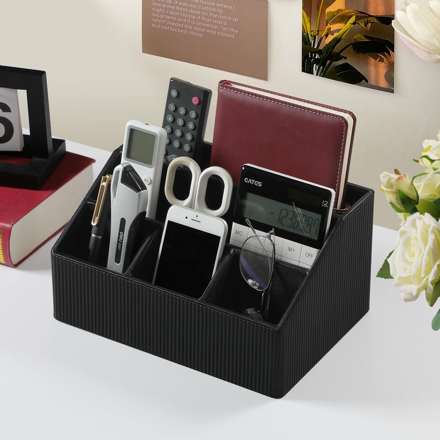 Cretkhp Remote Control Holder with 5 Compartments for Office Art Supplies, PU Leather Nightstand Organizer Pencil Pen Desk Caddy for Home, Desktop TV Remote Control Organizer Storage (Striped Black)