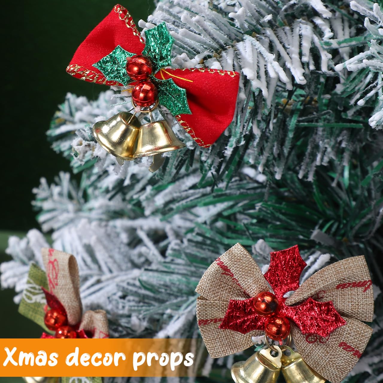 Mini Christmas Bows Ornaments with Bells: 25 Pcs Small Linen Bows and Metal Jingle Bells for DIY Crafts Xmas Tree Hanging Party Wedding Decorations 2.2 Inches