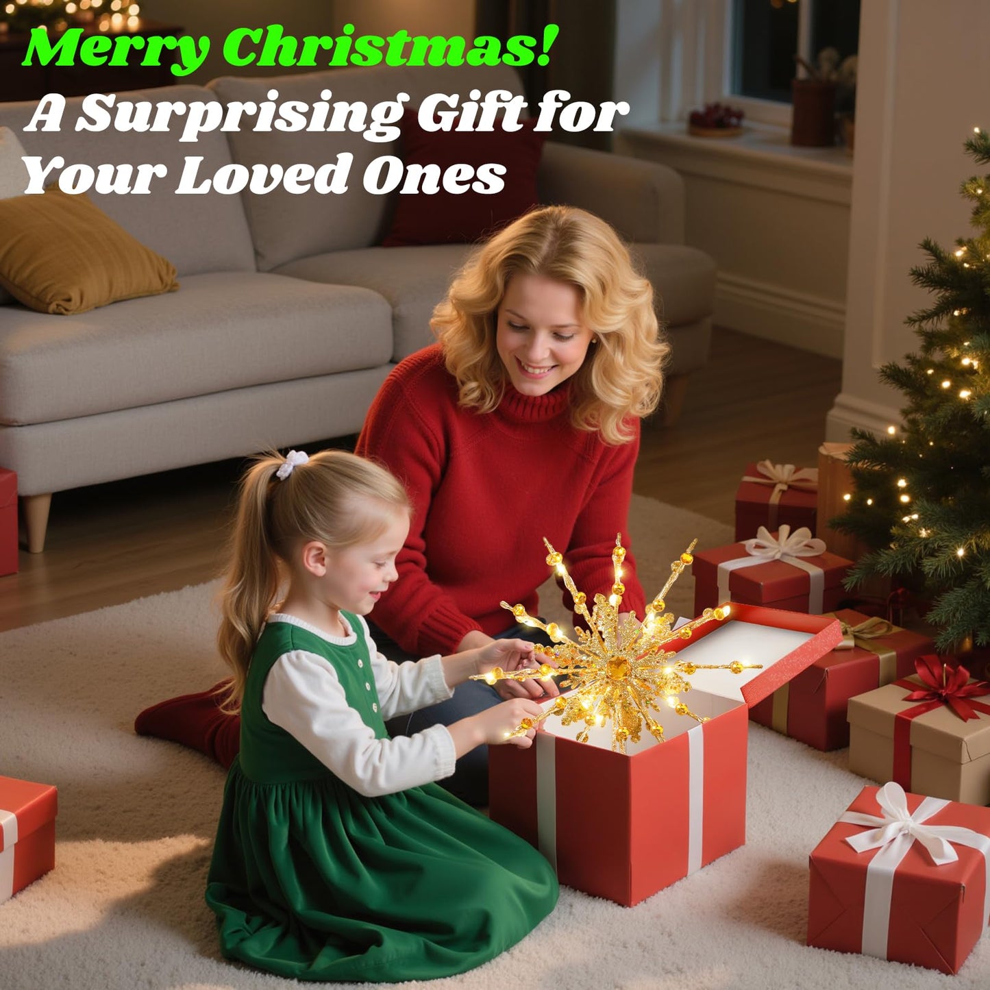 Lewondr Christmas Tree Topper, 12.2'' Metal Xmas Star Tree Topper with 20 LED Bulbs, USB Powered Glittered 12-Pointed Treetop for Christmas Ornaments, Remote Control, 6H Timer, 8 Light Modes, Gold