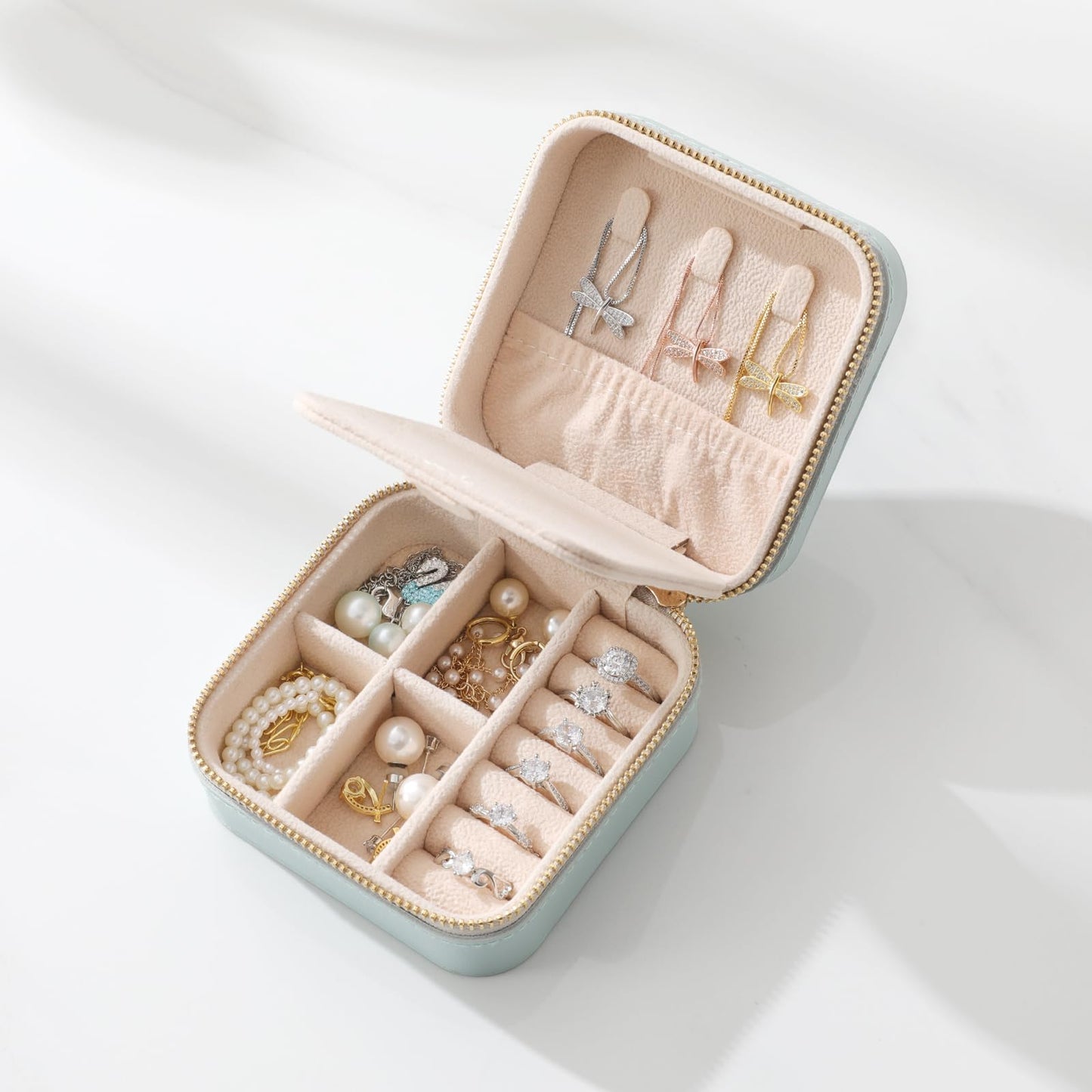 NGVRC Genuine Leather Travel Jewelry Case Organizer with Mirror for Women, Small Jewelry Box Portable Mini Jewelry Case for Earring, Ring, Necklace, Bracelet(Lychee Grain Black)