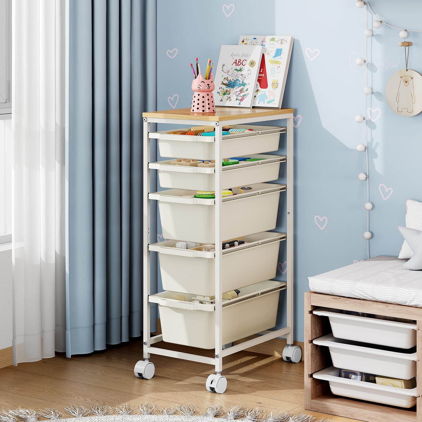 Rolling Storage Cart with 5 Drawers, Craft Organizer, Wooden Tabletop Utility Cart for Bedroom, Children's Room and Office Organization, Table Side Trolley with Lockable Wheels, White