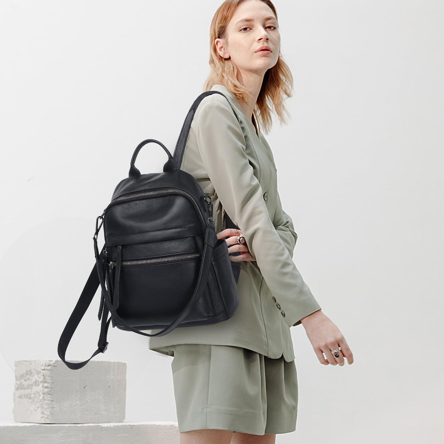 Wesccimo Genuine Leather Backpack Purse For Women Black Real Soft Leather Convertible Ladies Daypack Shoulder Bag