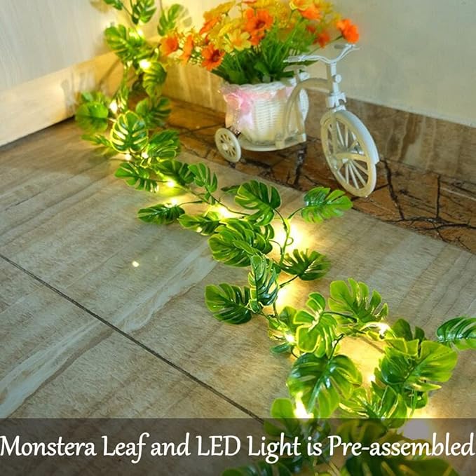 Fielegen 20 LED Monstera Leaf String Lights, Artificial Tropical Palm Leaves Greenery Vines with Lights,Summer Decoration for Hawaiian Jungle Safari Luau Party BBQ Beach Birthday Theme Decor