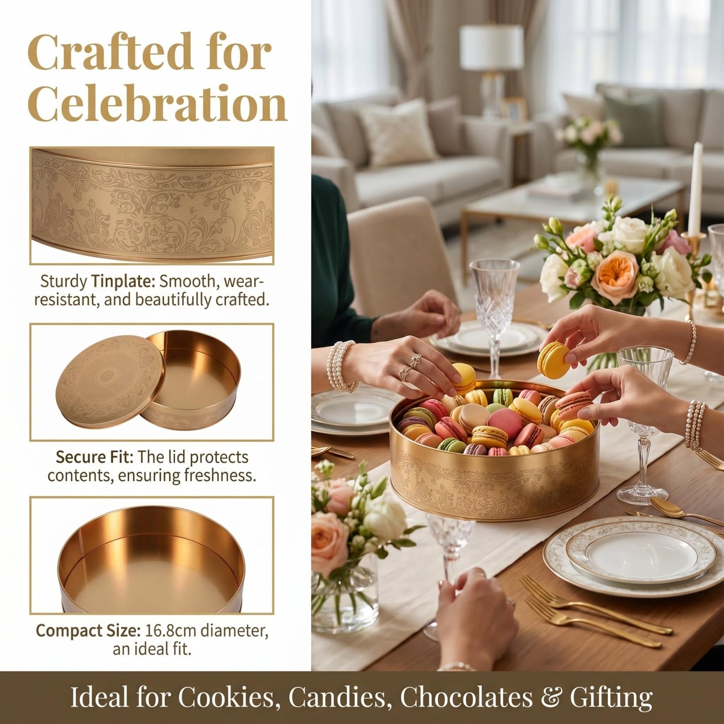 FESTFENDS 1Pc Cookie Tin with Lid Round Baking Cake Tins for Storaing Patisseries Snack Chocolate Easter Metal Cookies Storage Container for Candy Craft Supplies Special Occassions 6.61Inch