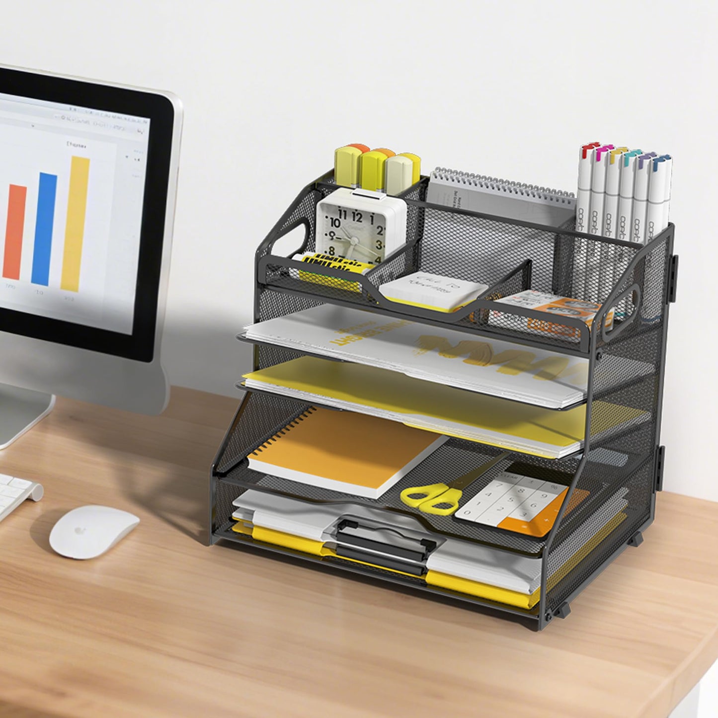 YINGHUA 5 Tier Paper Tray Letter Organizer with Top 6 Adjustable Compartments - Paper Sorter Office Desktop Accessories with Handles for Document,Mail,School Supplies Storage,Black