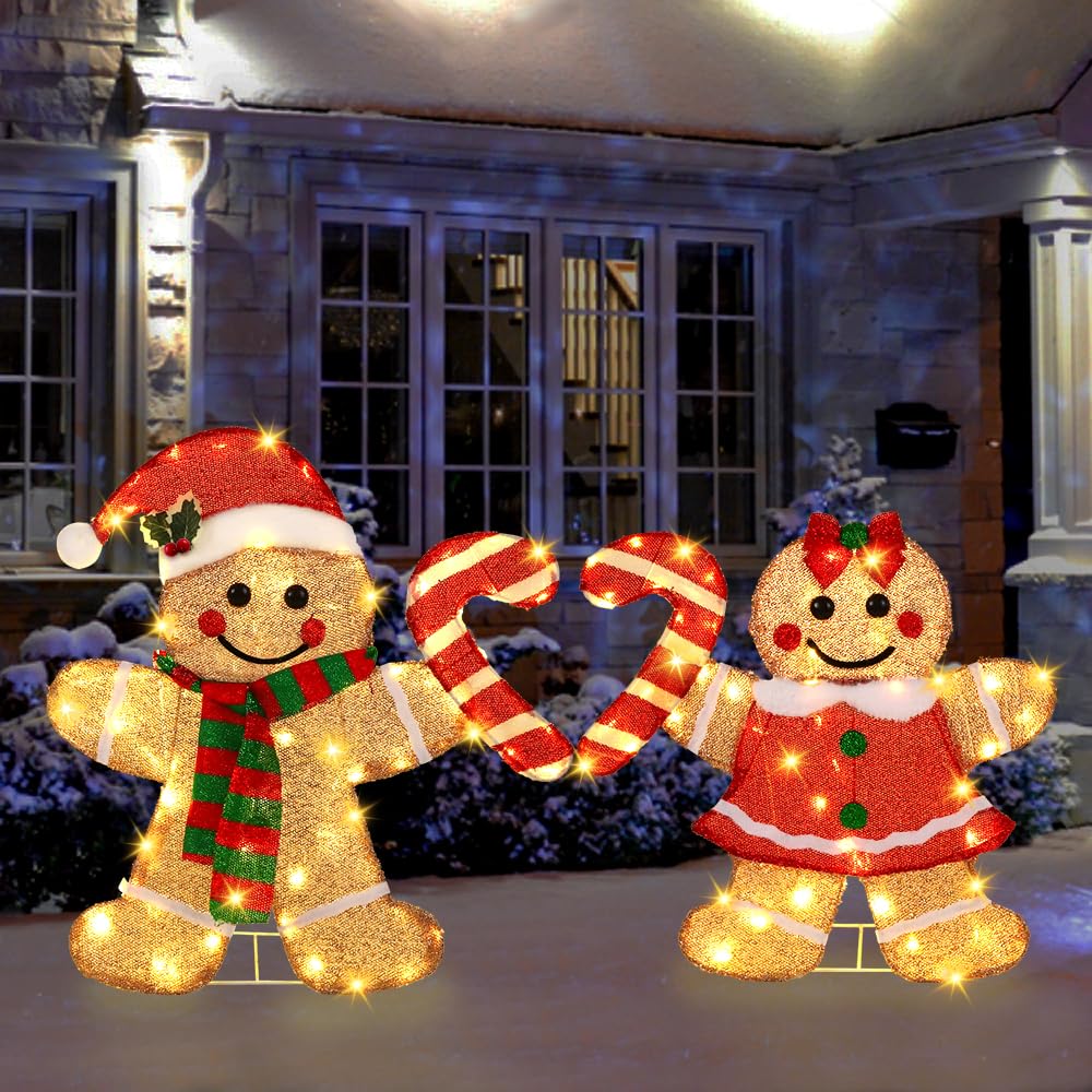 DULEFUN 22.5’’ Lighted Christmas Yard Decoration 2pcs Light Up Gingerbread Man Couple Christmas Outdoor Decorations Sign Waterproof for Xmas Winter Holiday Garden Lawn Outside Indoor Decor Display