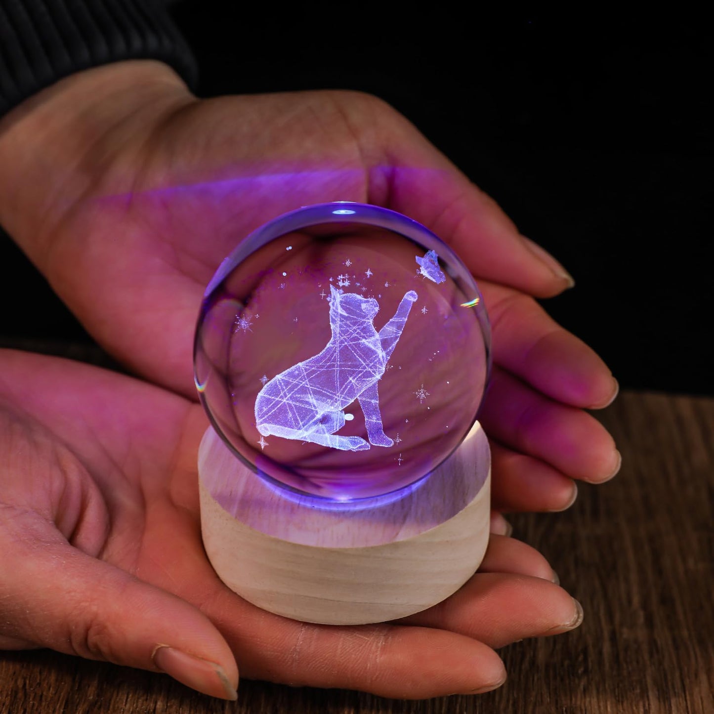 QIANRUNA 60mm 3D Crystal Ball Cat Lover Gifts for Women Cat Themed Sympathy Figurines Decor Gifts with Wooden Light Base
