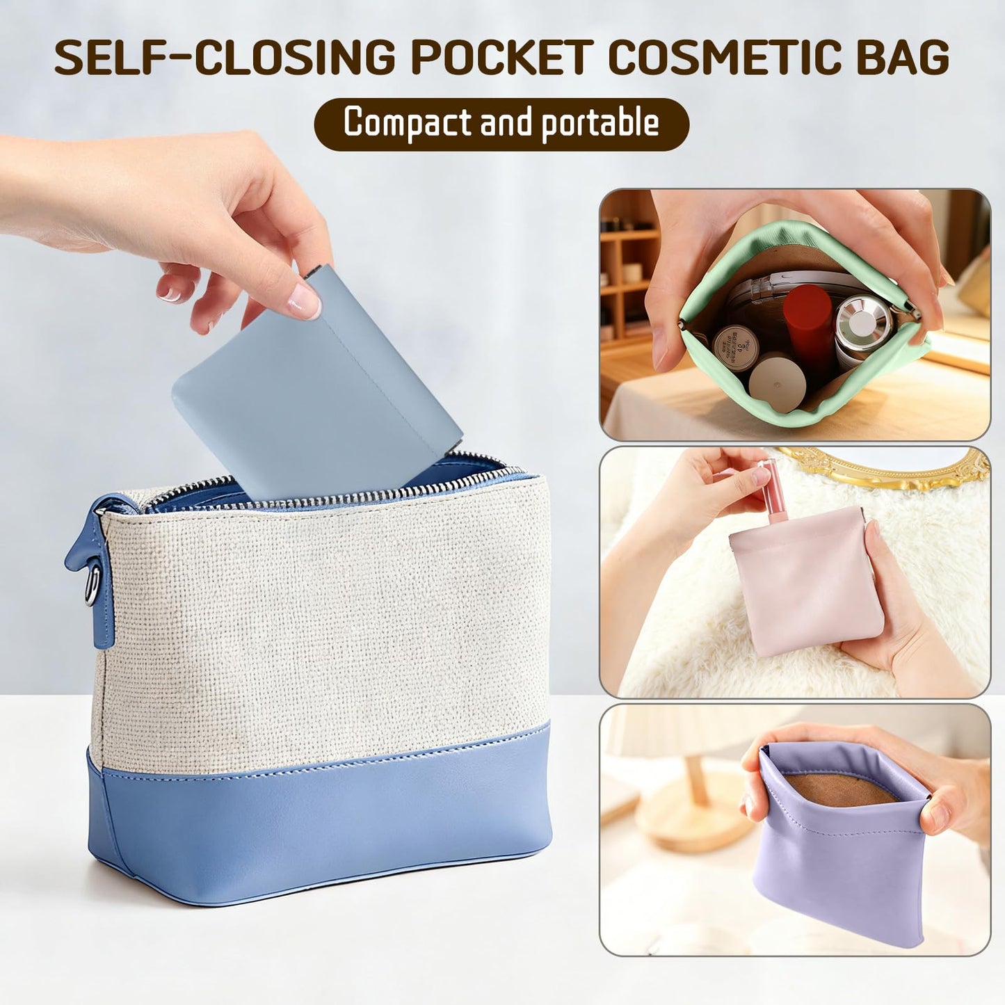4Pcs Personalized Snap Closure Leather Organizer Pouch, Lambskin Pocket Cosmetic Bag, Portable Self-Closing Small Makeup Bag for Purse Women Mini Travel Coin Storage Pouches(4.7 * 4.5in)