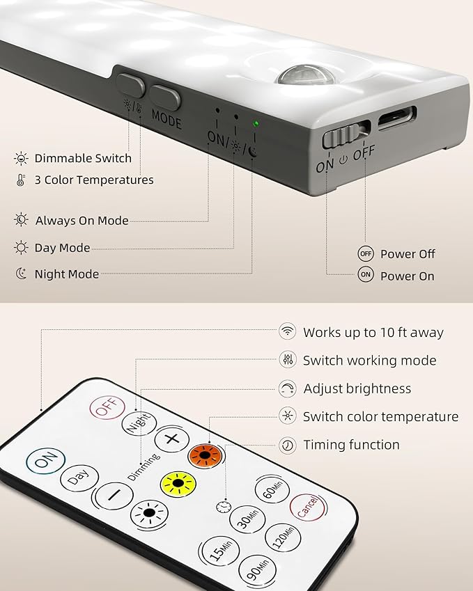 EZVALO 6-Pack Under Cabinet Lighting, 2000mAh Rechargeable Wireless Motion Sensor Lights, 62LEDs, 3 Color Temps, Dimmable, Timer, Magnetic, with Remote Control for Kitchen, Closet, Stair