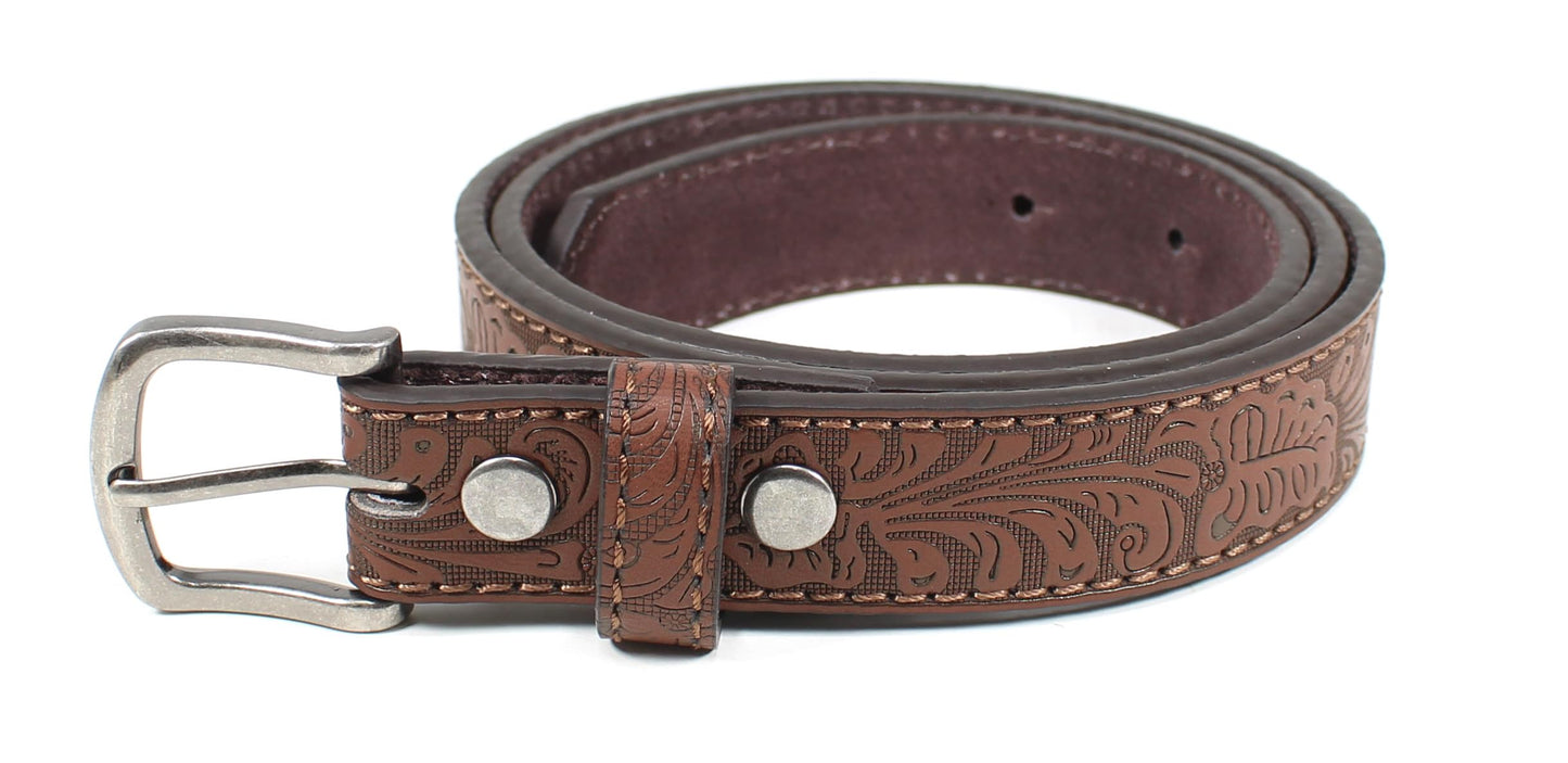 BC Belts Western Kids Leather Belt Strap and Metal Buckle 1" Wide with Snaps - Embossed Western Scrollwork Cowboy Country (Brown-S)