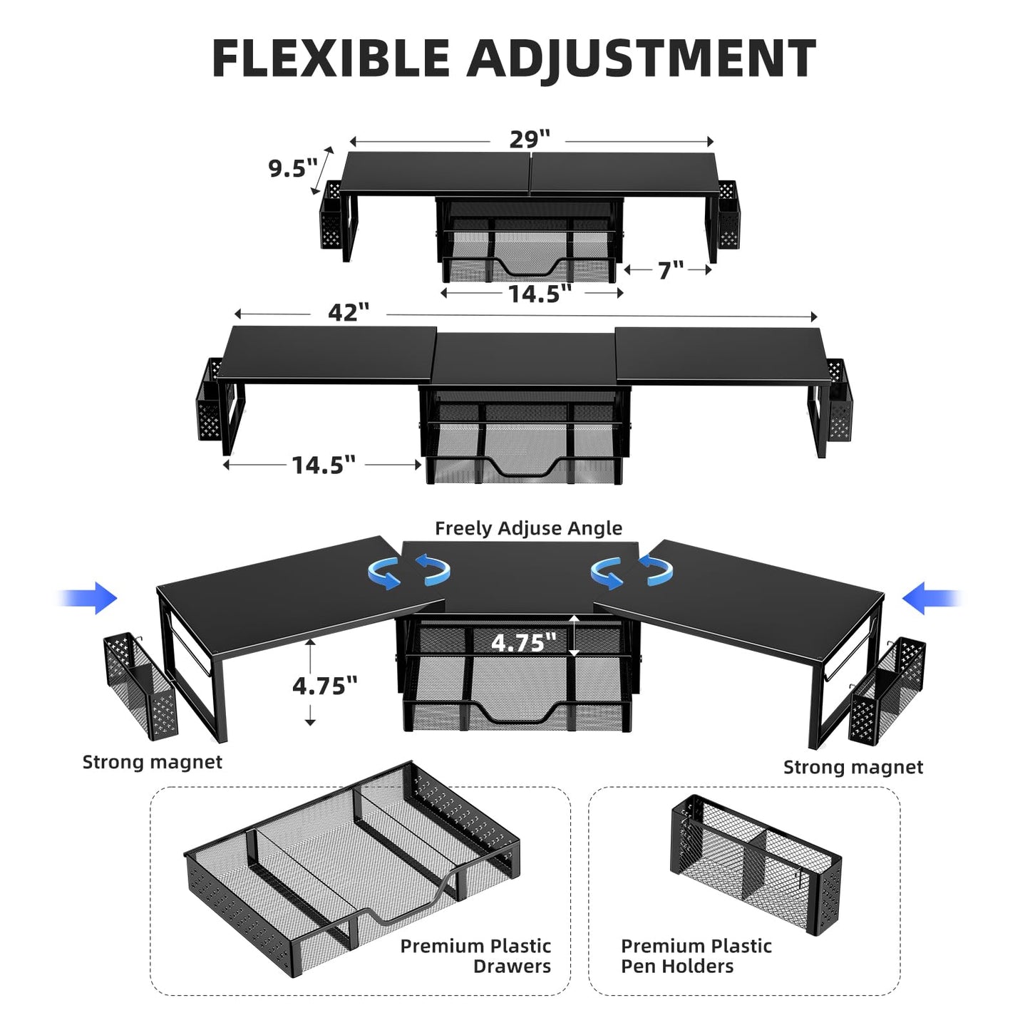 Simple Trending Desk Organizers and Accessories, Dual Monitor Stand Riser with Drawer and 2 Pen Holder, Shelf for Top of Desk, Black