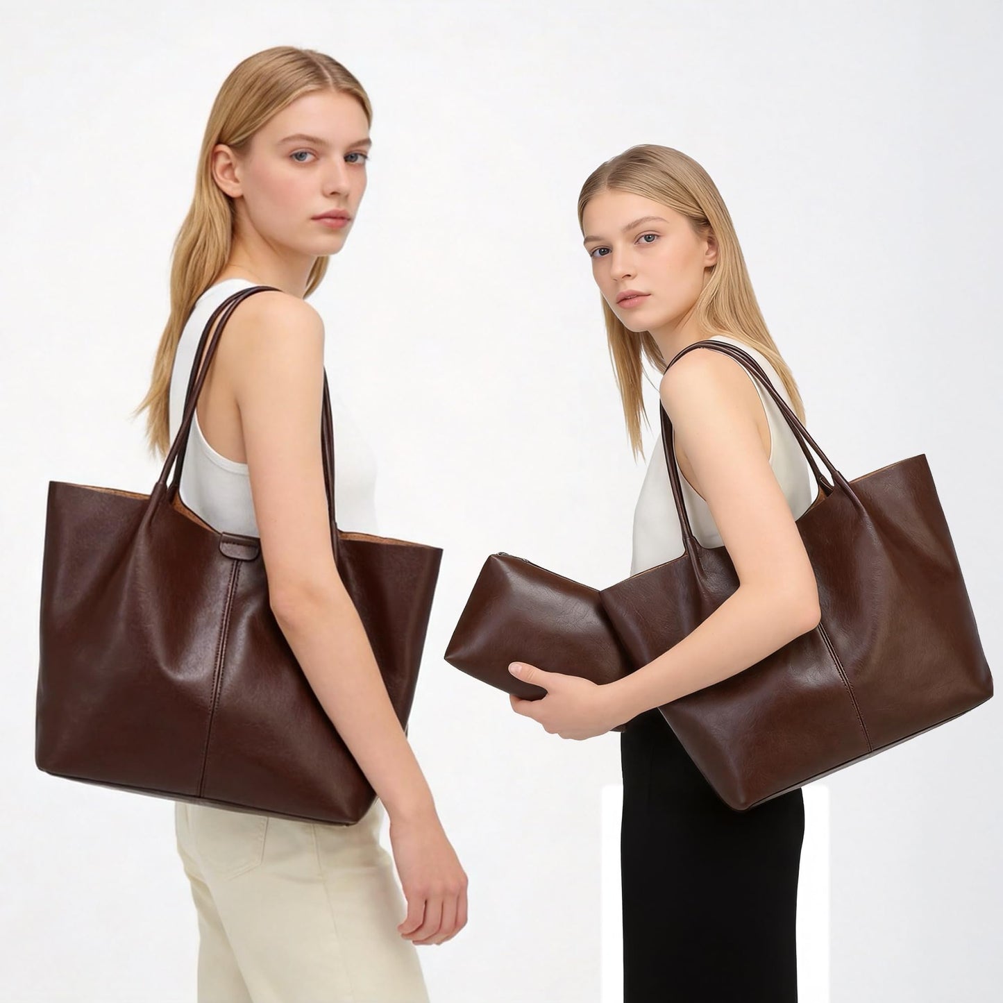 Women's Large Faux Leather Tote Bag, Spacious Work Shopper, Designer Top Handle Shoulder Bag for Travel College Daily Use (Coffee)