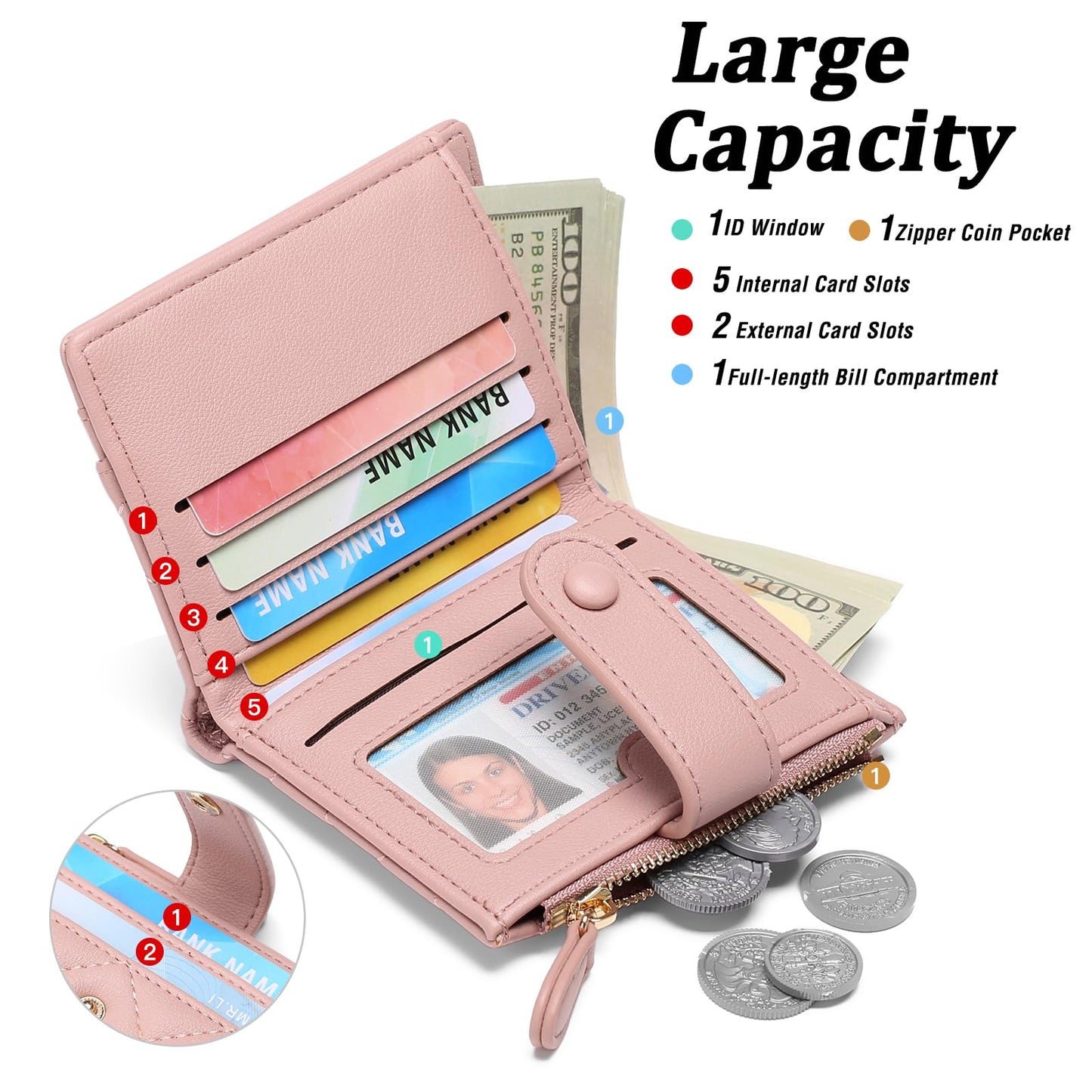 GAEKEAO Small Wallet for Women Slim Bifold Leather RFID Blocking Credit Card Holder Wallets Zipper Pocket Coin Purse with ID Window