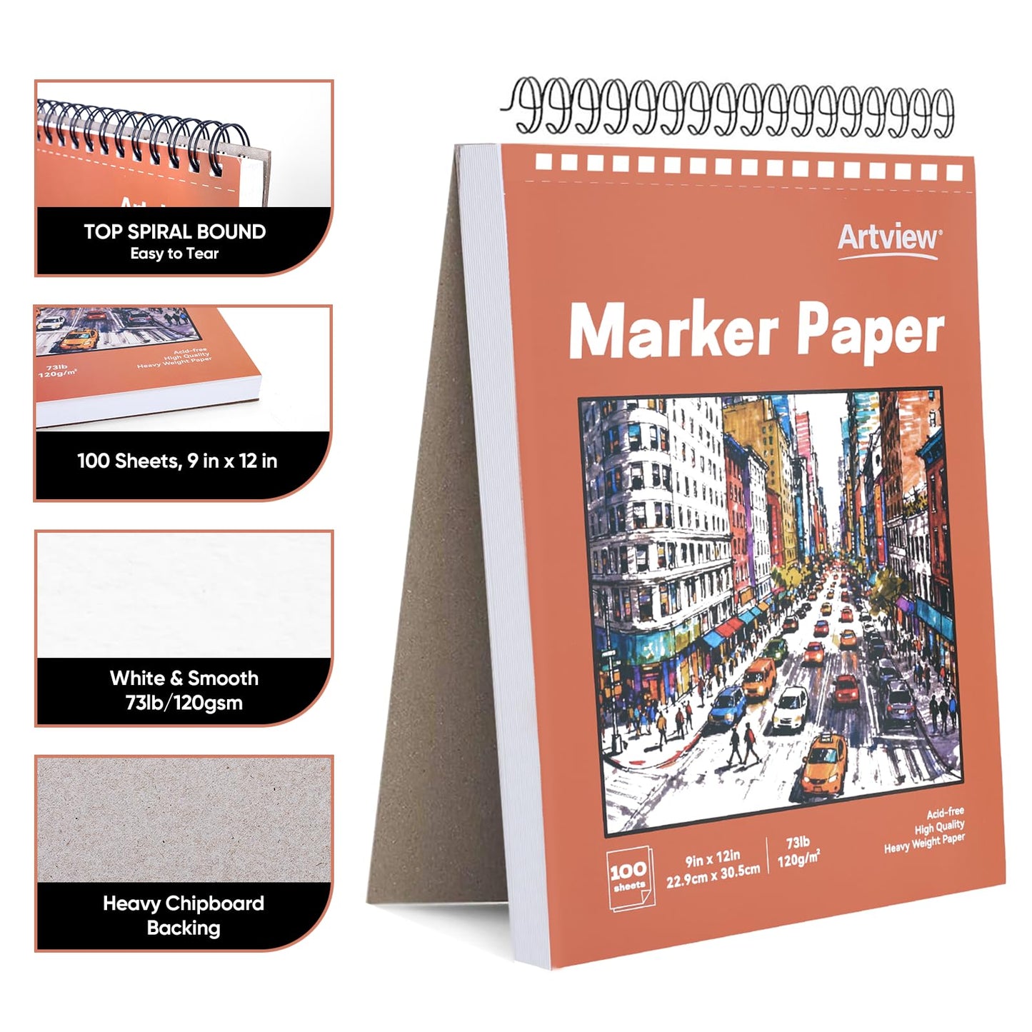Artview 9" x 12" Marker Paper Pad, 100 Sheets, 73 lb/120 GSM Heavyweight Spiral Marker Paper, Bleed-Resistant for Alcohol Markers, Dual-Sided Drawing & Painting for Adults and Kids