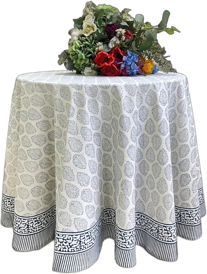 ATOSII Amalfi Blue 100% Cotton Summer Round Tablecloth, Block Print Table Cloth for Dining, Weddings, Outdoors, Parties I Grand Millenial Farmhouse Coastal Boho Home Decor 60" Inches