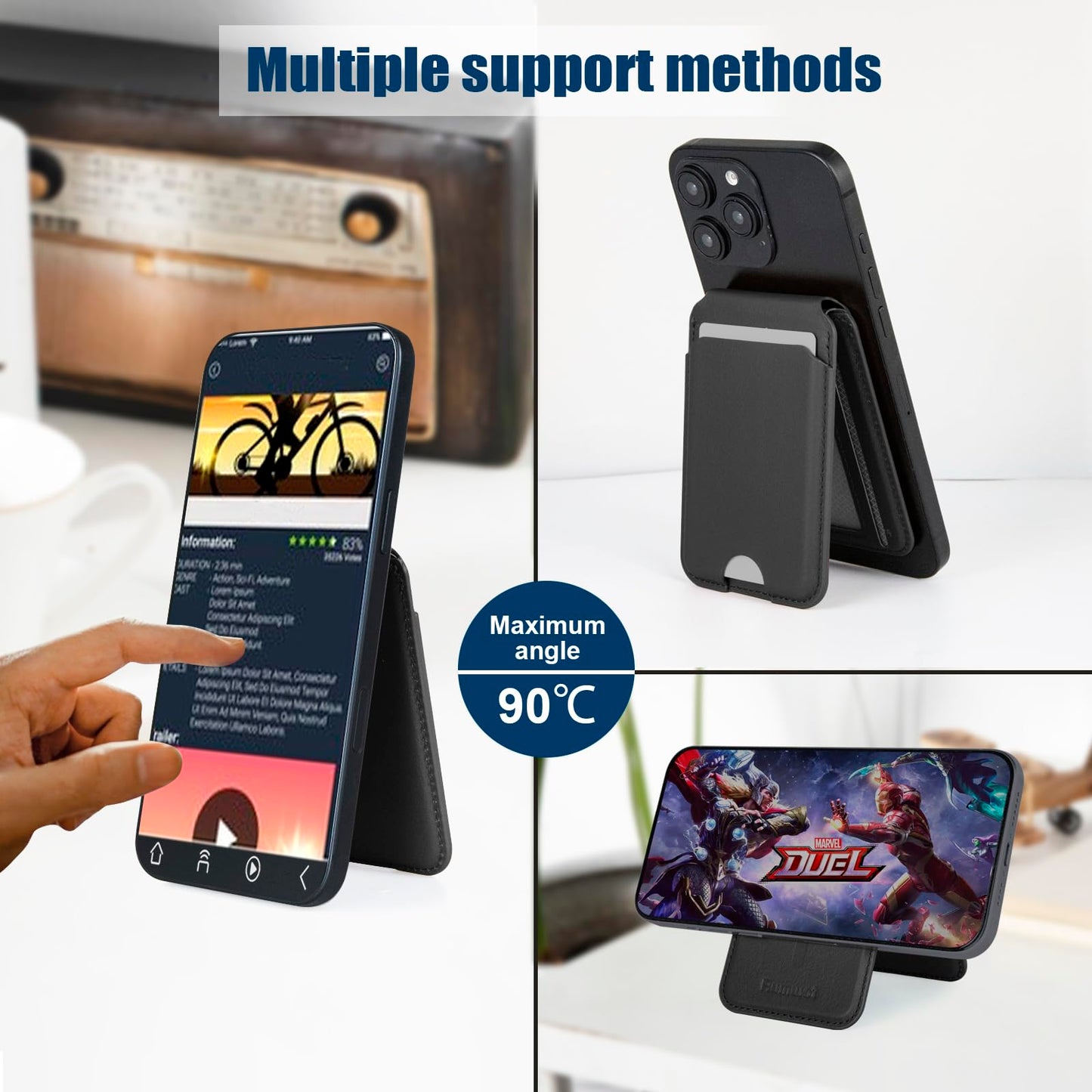 Rumwot for MagSafe Phone Wallet, Genuine Leather Magnetic Card Holder for iPhone, Magsafe Phone Wallet with Adjustable Bracket, 3 Card Holders, Compatible with iPhone 16/15/14/13/12 Series (Black)