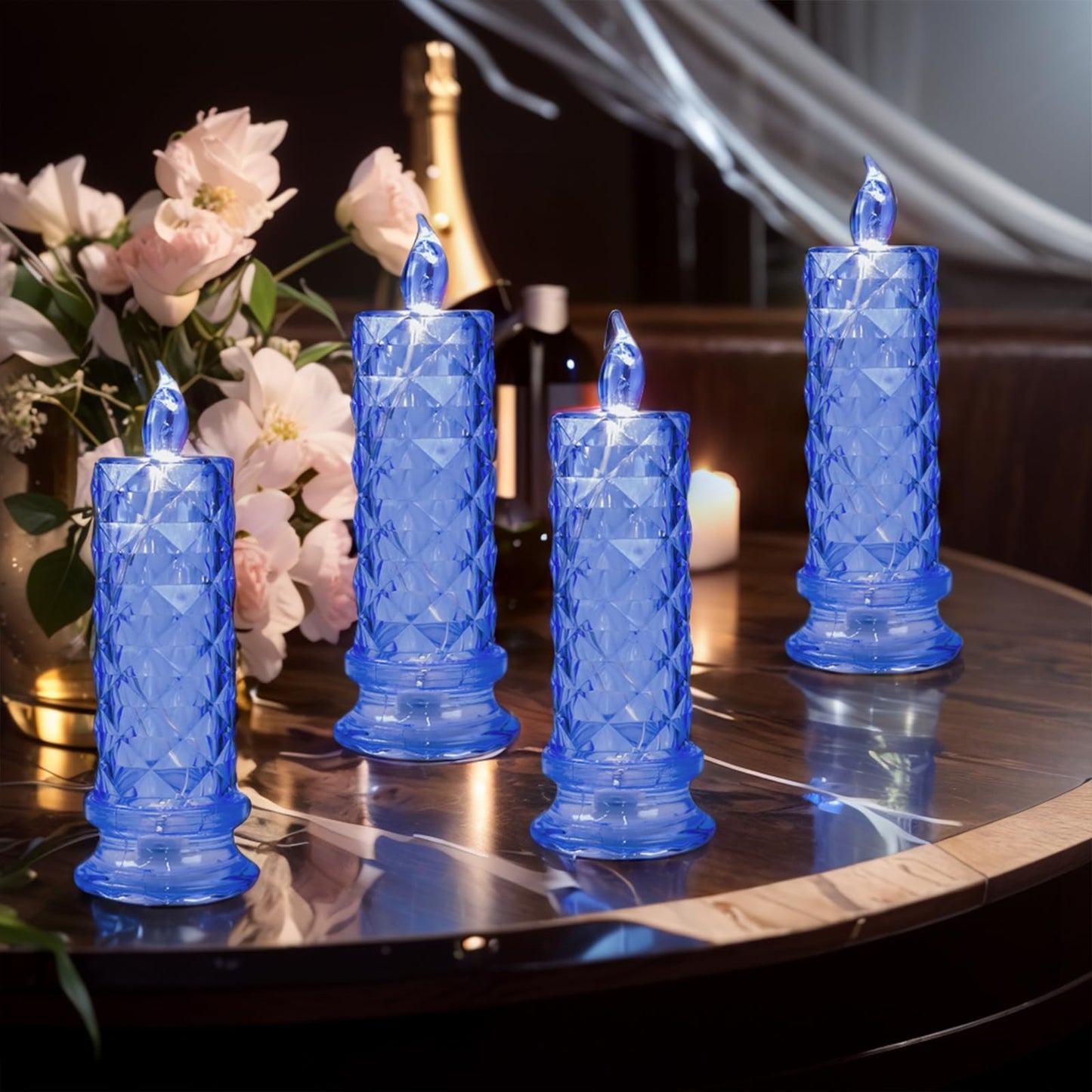 SupBri LED Candles, 4Pack Battery Operated Candles with Rose Light Halo, Romantic Flameless Pillar Candles for Valentines Halloween Decorations(Blue, D 2.5" x H 7.2")