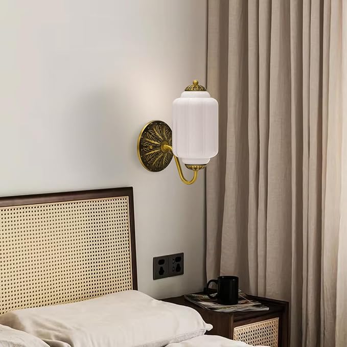 Vintage Mike White Glass Wall Sconce - Milk Glass Shade Antique Brass Indoor Wall Light for Bedroom, Living Room, and Hallway