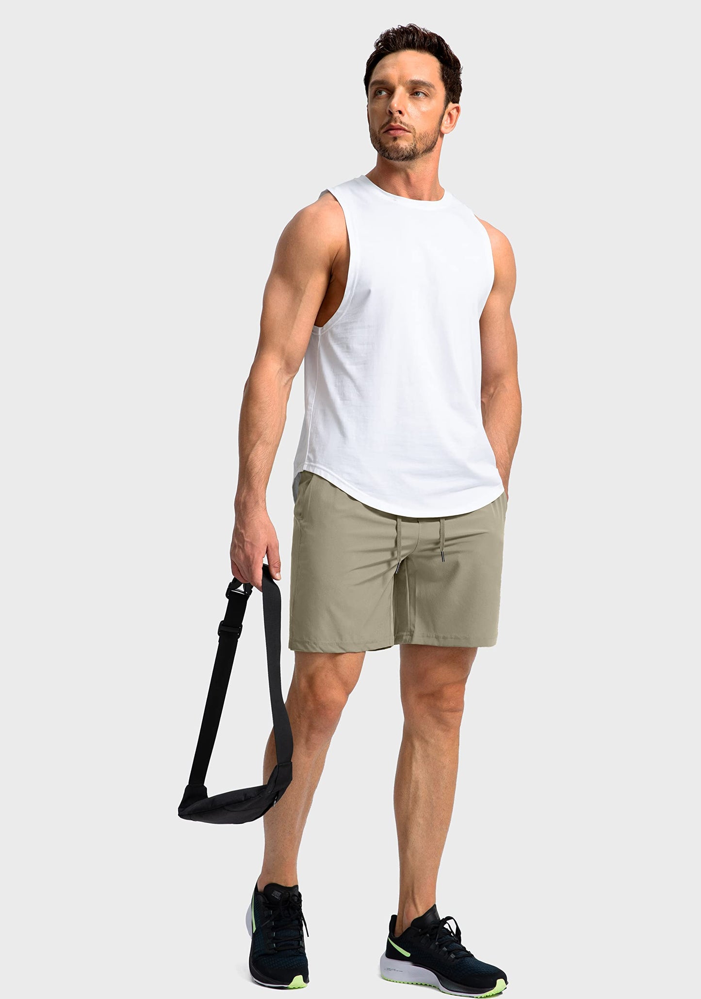 Soothfeel Men's Running Shorts with Zipper Pockets 7 Inch Lightweight Quick Dry Gym Athletic Workout Shorts for Men (Dusty Khaki, 3XL)