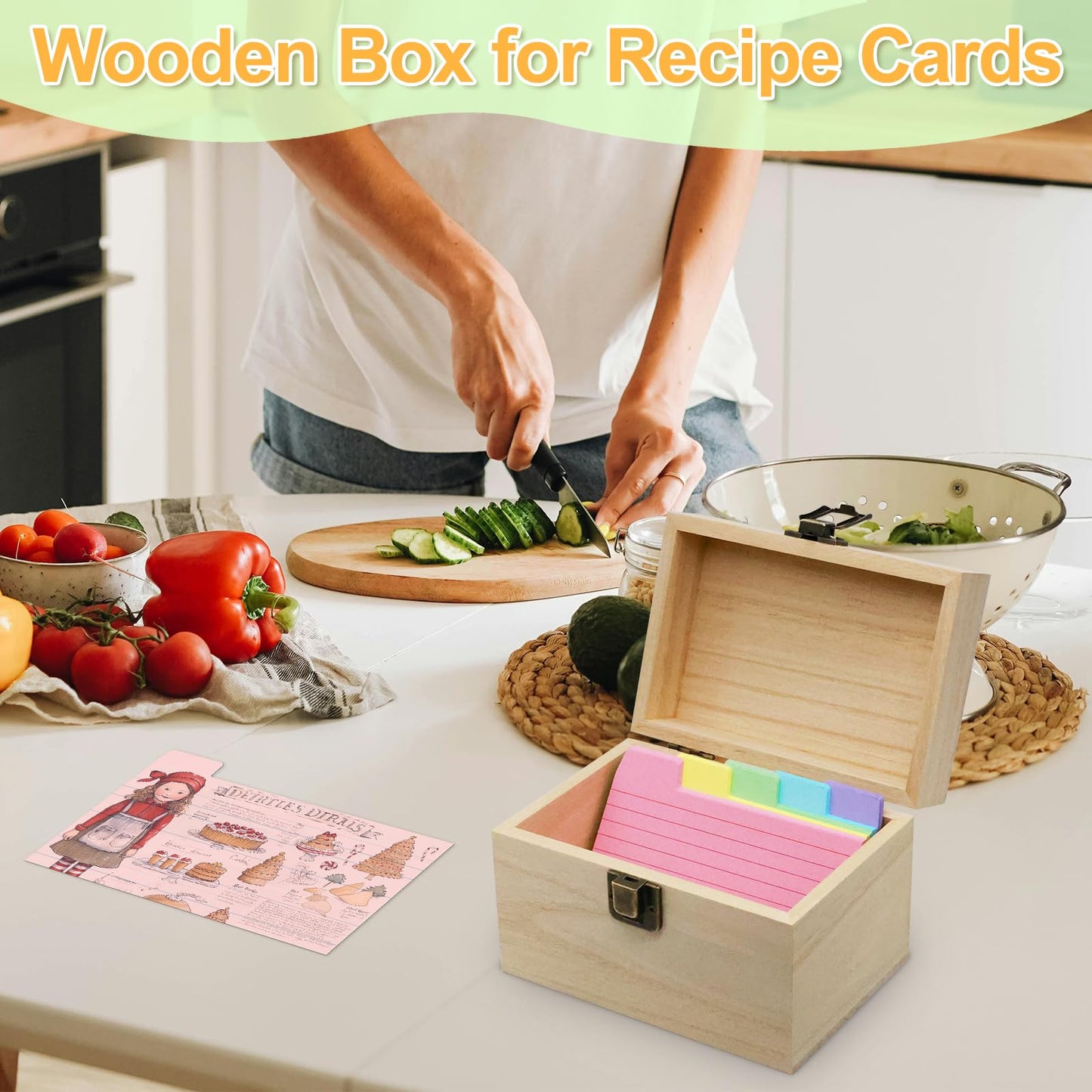DSYIL Index Card Holder Box 3x5, Wooden Card Box with 100 Dividers, Recipe Cards Case, Business Card Organizer for Flash Card, Notecards and Study Cards, 2 Pack