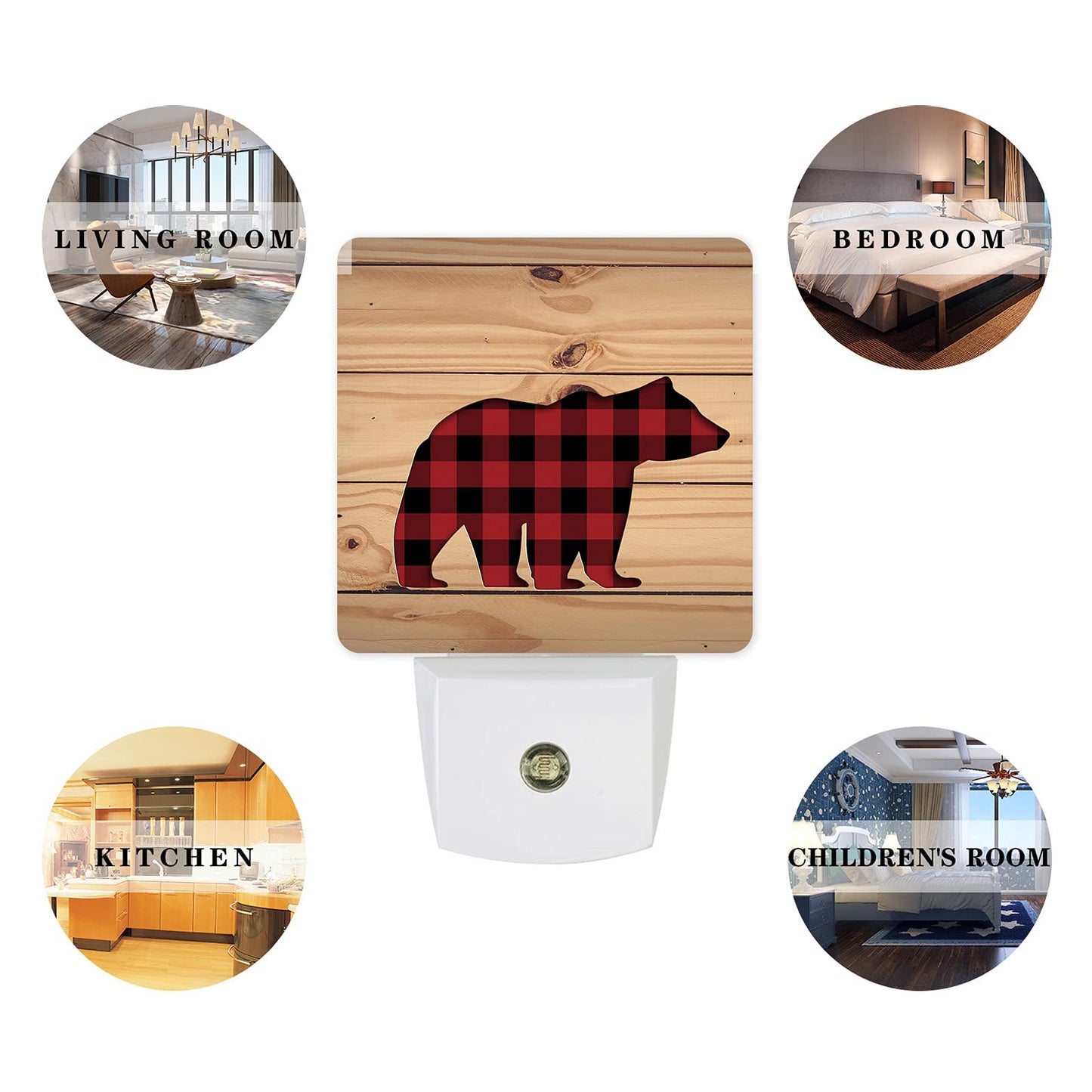 Plug-in LED Night Lights Lamp Buffalo Check Plaid Bear Wood Rustic Printed Auto Dusk-to-Dawn Sensor for Bedroom, Bathroom, Kitchen, Nursery,Hallway,Stairs,Wall Home Decor, Red Black