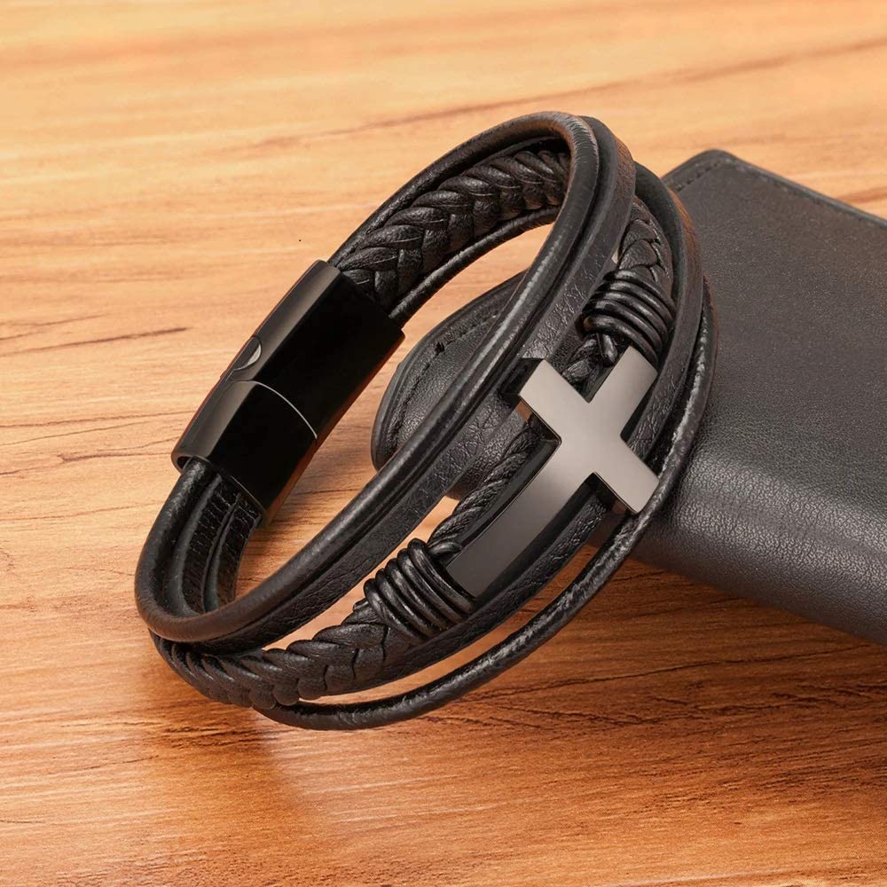Binatric Multi-Layer Braided Leather Bracelets with Magnetic Clasp Mens Cuff Bracelets for Men Genuine Leather Bracelet Religious Leather Bracelets decorate Gift ((Black, 7.5 Inches))