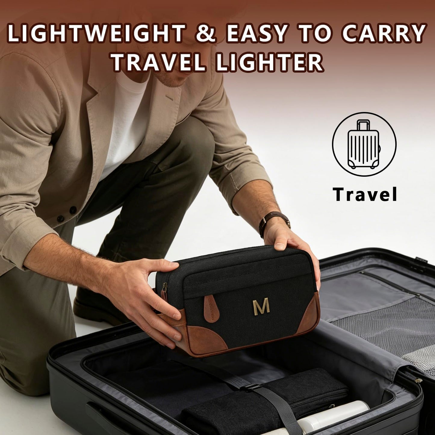 CLOUDWINGS Personalized Gifts for Men Dad - Initial Travel Toiletry Bag Hanging Dopp Kit, Waterproof Shaving Bag with Large Capacity, Fathers Day Birthday Gifts for Him Dad Husband Boyfriend (M)