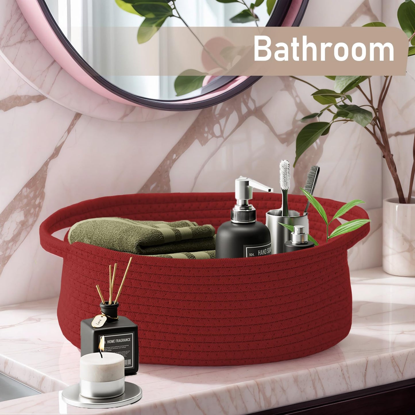 JMvicyroam Woven Basket,Small Rope Storage Bin with Handles & Ribbon Bag, Organizer for Shelves Closets,Gift Basket Empty for Birthday,Books,Dog Toys, Red