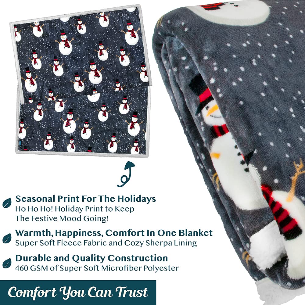 PAVILIA Premium Christmas Sherpa Throw Blanket, 50x60, Grey Snowman Cozy Fleece Holiday Blanket, Reversible Plush Winter Throw for Couch & Bed, Ultra Soft Warm