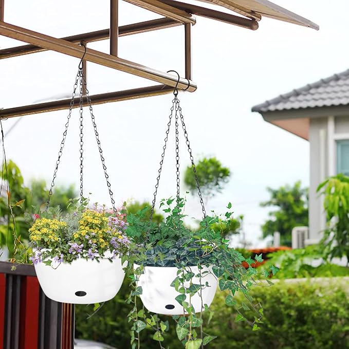 Sungmor Self Watering Hanging Planter for Indoor Plants, 9.4" & 11.2" 2-PACK Large White Plastic Hanging Basket, Garden Flower Pots with Hanging & Standing Design, Thickened Sturdy Drainage Plant Pots