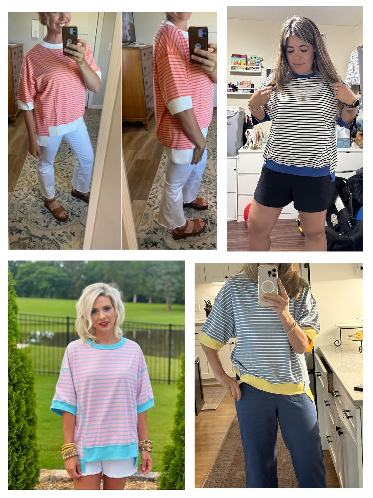 XINWEIZZ Oversized T Shirts for Women Casual Short Sleeve Striped Knit Shirt Crewneck Sweatshirts High Low Loose Blouse Tops