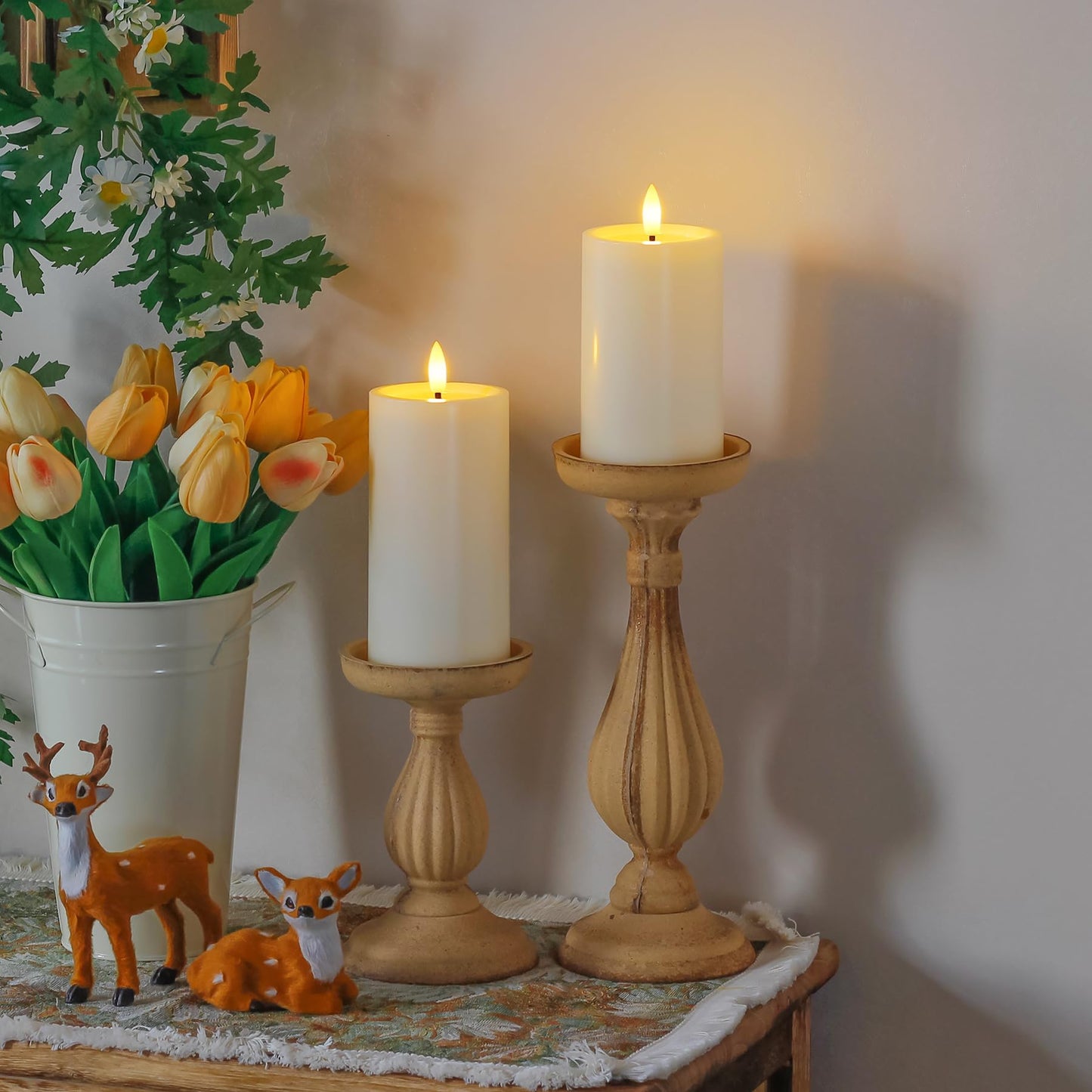 Yeelida Outdoor 6pcs Flameless Waterproof Candles with Handy Remote Control, Cycle Timer Battery Operated Candle Grease Effect LED Flickering Pillar Plastic Long Lasting (Ivory, 3" x4" 5" 5" 6" 6" 7")