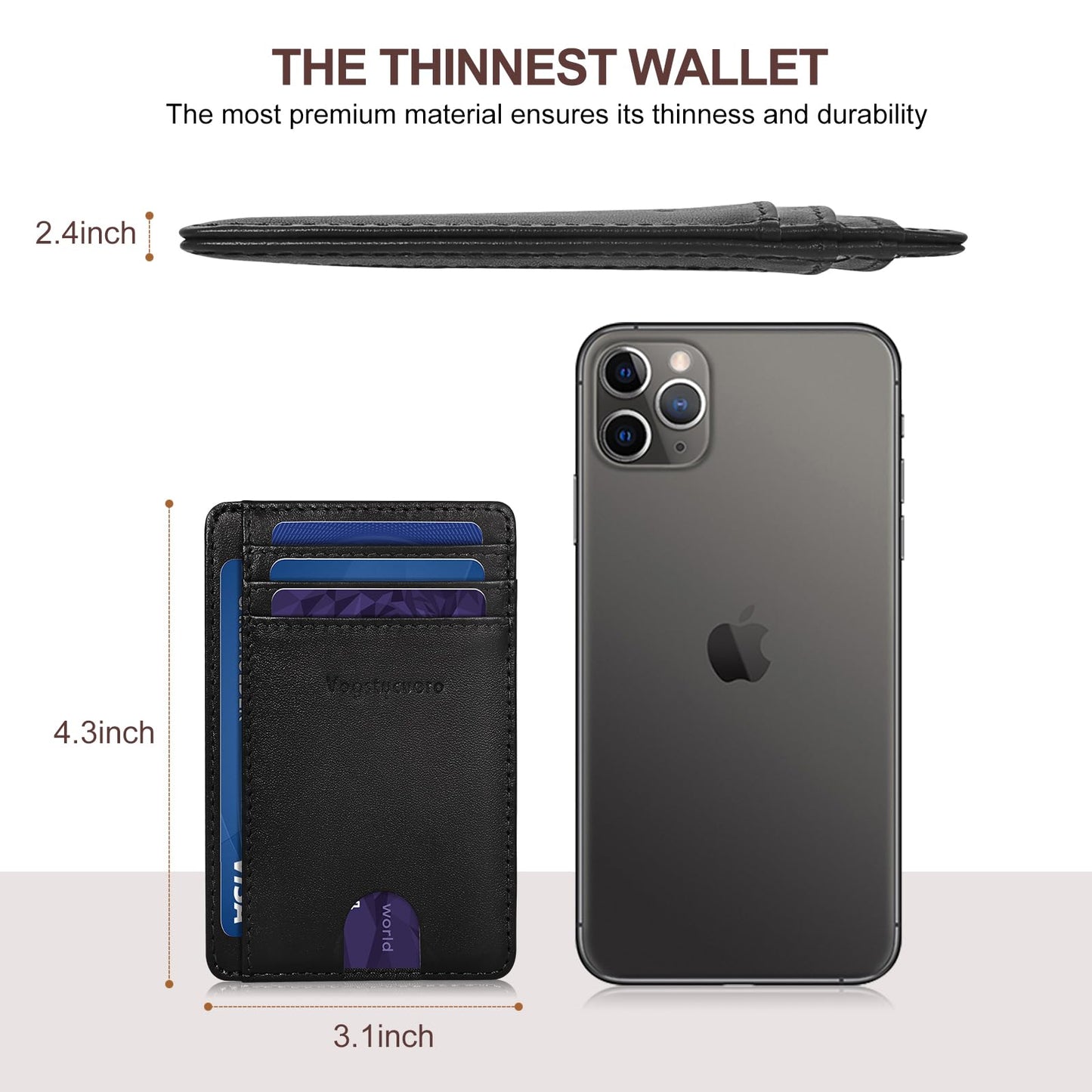 VOGSTYCUERO Slim Minimalist Front Pocket Thin Wallet RFID Blocking 100% Genuine Grain Leather Credit Card Holder for Men Women with Gift Box - Grain Leather Black