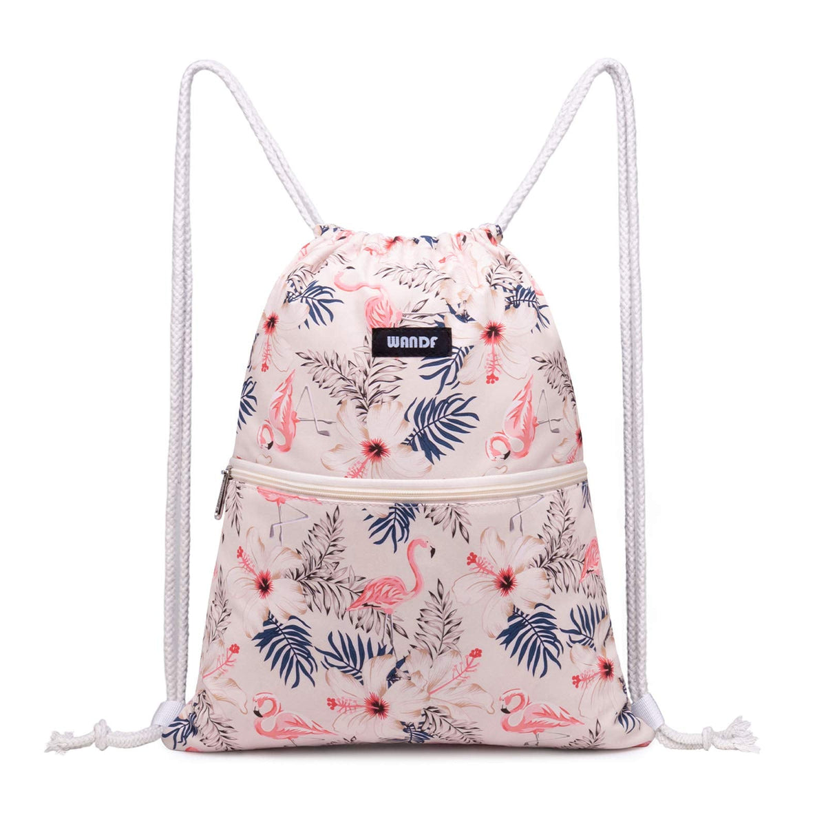 WANDF Drawstring Backpack String Bag Sackpack Cinch Water Resistant Nylon for Gym Shopping Sport Yoga (Flamingo)