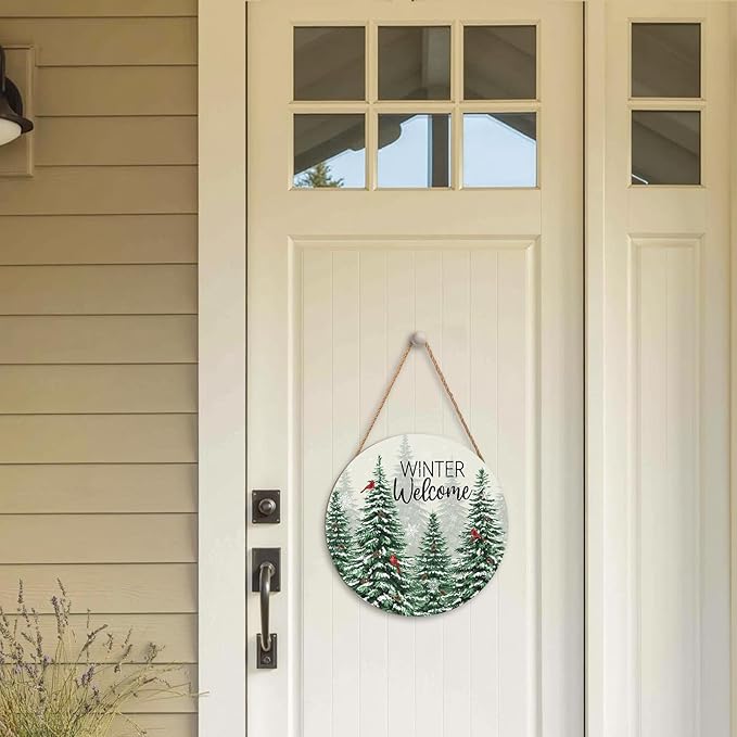 Winter Welcome Sign for Front Door Christmas Cardinal Bird Wood Door Hanger for Outdoor Outside Porch Snowflake Pine Trees Round Hanging Signs Holiday Decor for Home Wall Porch Yard 12"x12"