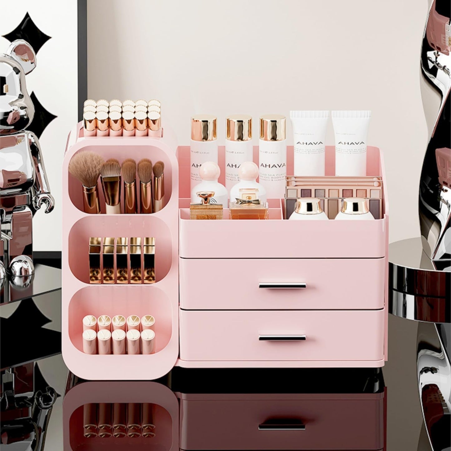 KQJS Makeup Organizer with Drawers,Large Capacity Countertop Organizer for Vanity,Bathroom and Bedroom Desk Cosmetics Organizer,Easy To Storage Skincare,Brushes,Lotions (All Pink)
