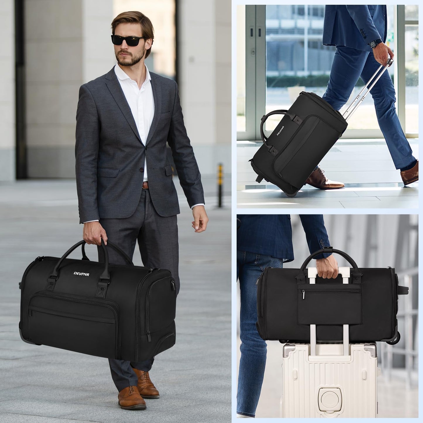 DEVPNR Rolling Garment Bags for Travel, 59L Rolling Duffle Bag with Wheels and Shoe Compartment for Men and Women, 3 in 1 Carry on Convertible Travel Garment Bag with Wheels, Black