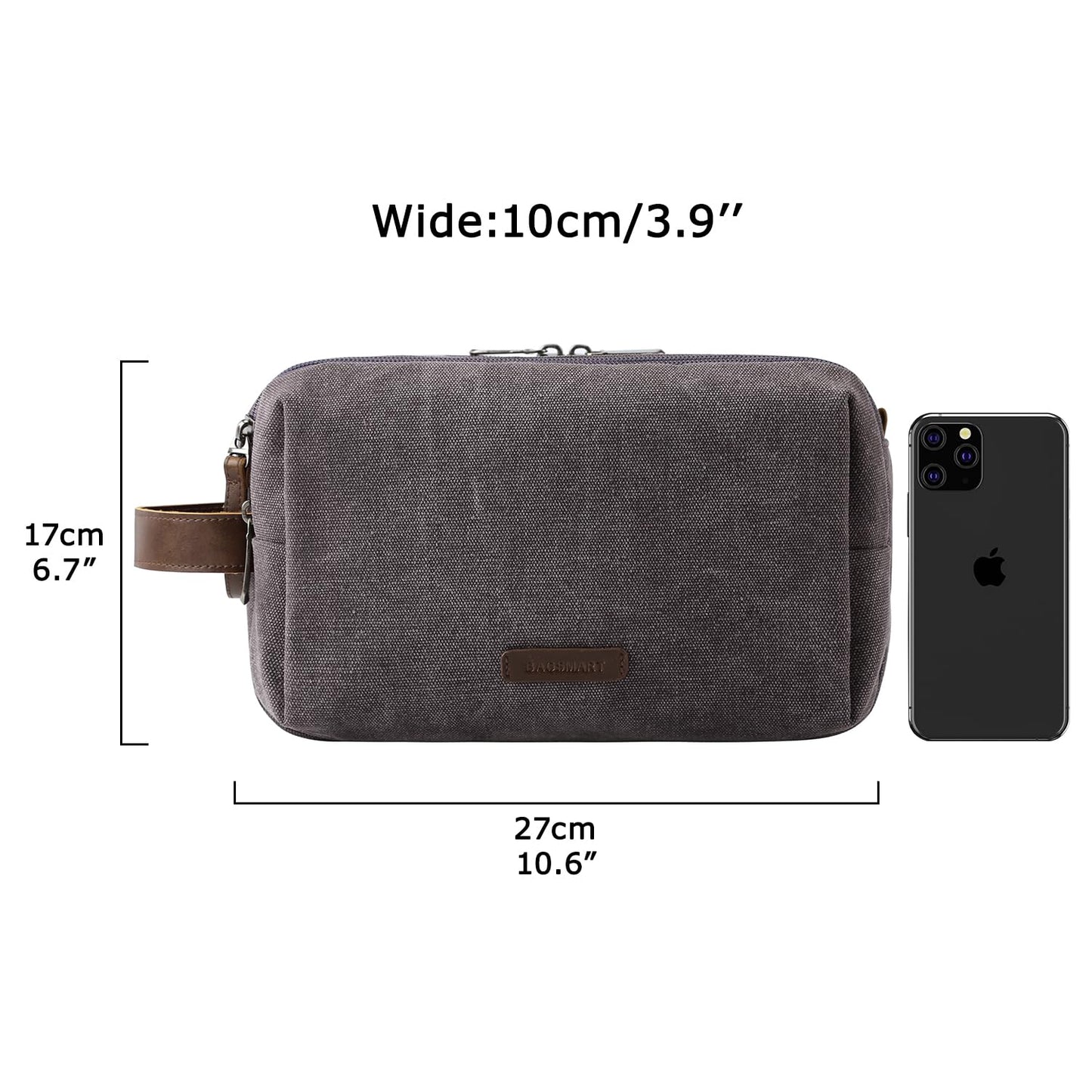 BAGSMART Toiletry Bag for Men, Canvas Travel Toiletry Organizer Dopp Kit Water-resistant Shaving Bag for Toiletries Accessories,Grey-Medium