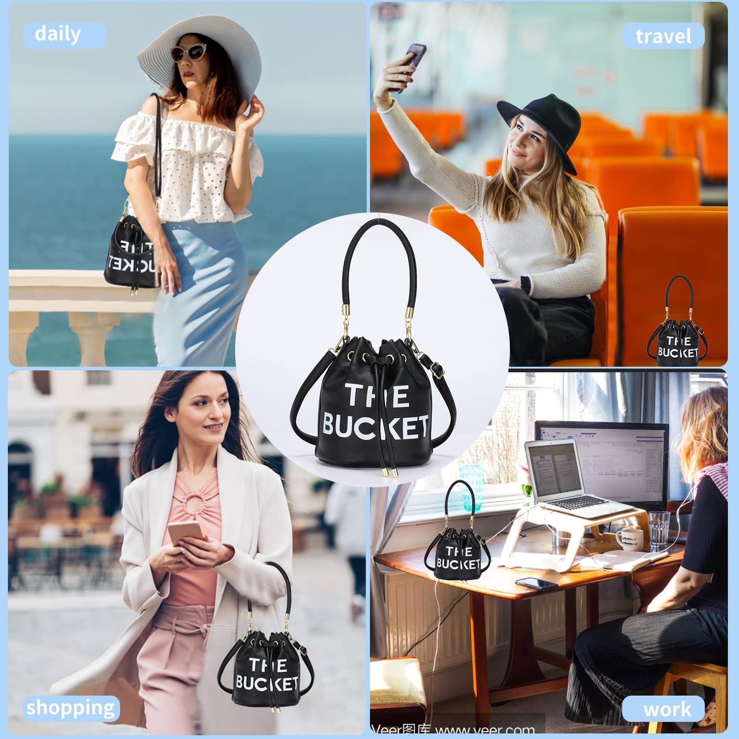 JQAliMOVV Mini Leather Bucket Bags for Women Drawstring Bucket Purse Crossbody Handbags Hobo Bag (Black)