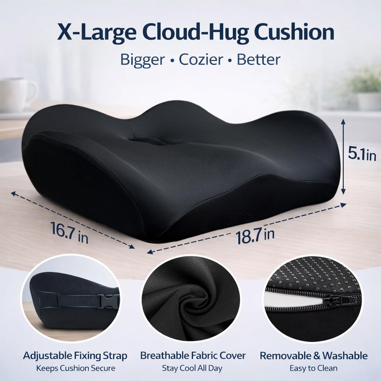 EaseDrives X Large Memory Foam Seat Cushions for Office Chairs, Long Sitting Pressure Relief Ergonomic Office Chair Cushion for Butt Coccyx Tailbone Sciatica, Car Seat Booster for Height (Black)